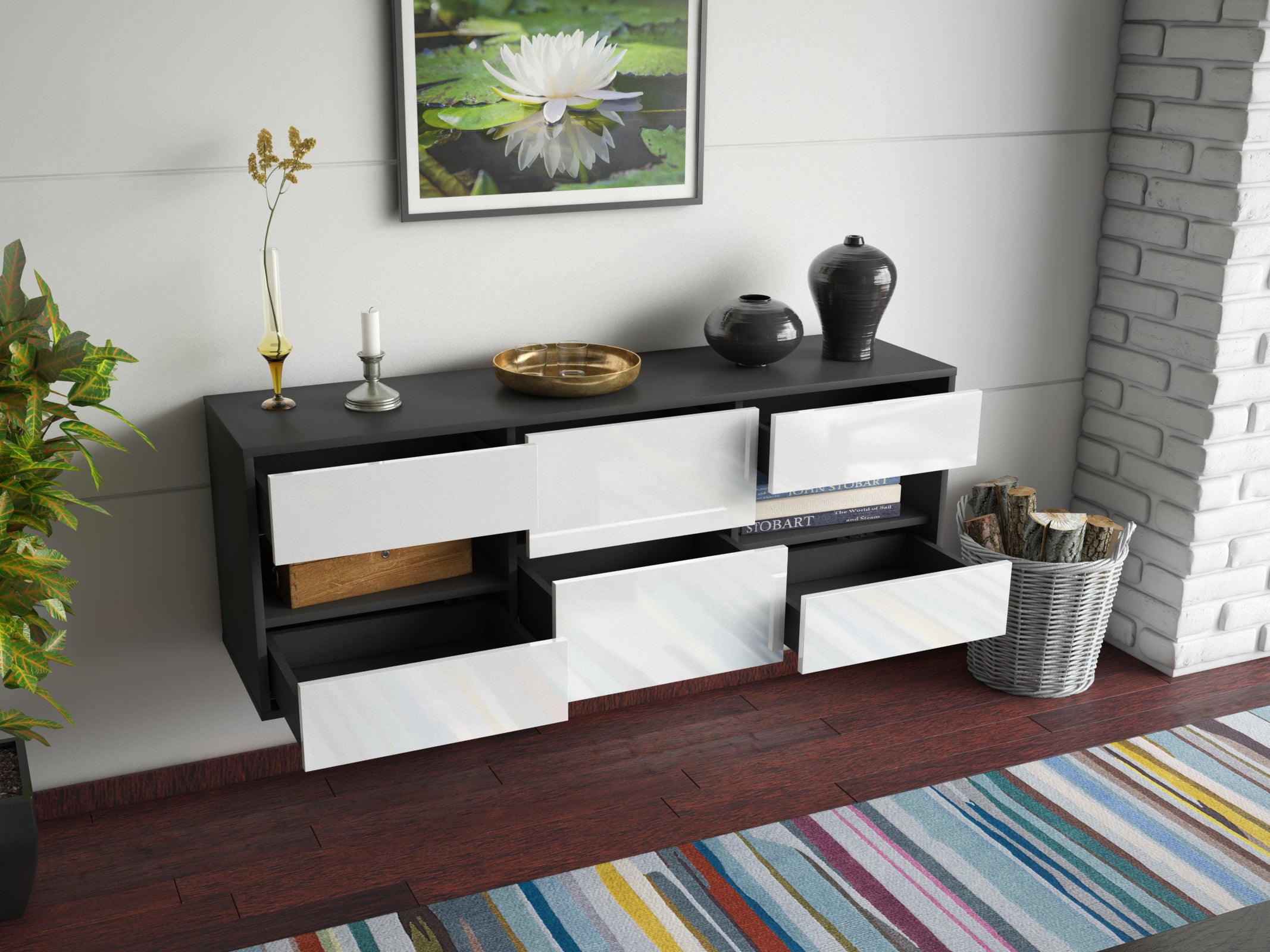 Lowboard - Anni - Design Hochglanz - Wandmontage mit Push to Open 136 cm Anthrazit