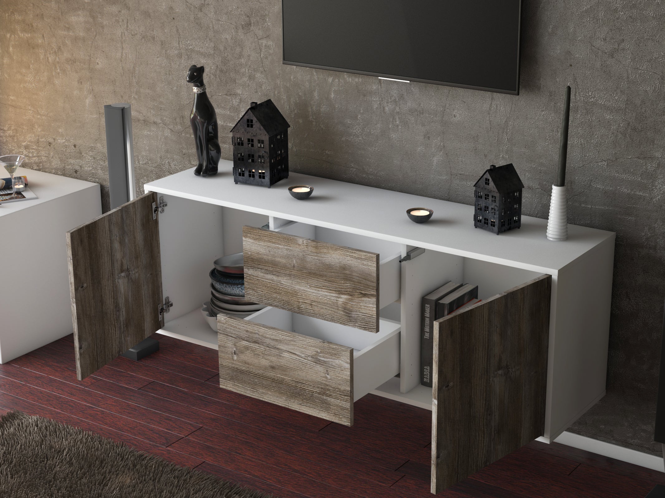 Lowboard - Alma - Design Holzdekor - Wandmontage mit Push to Open 136 cm Weiss