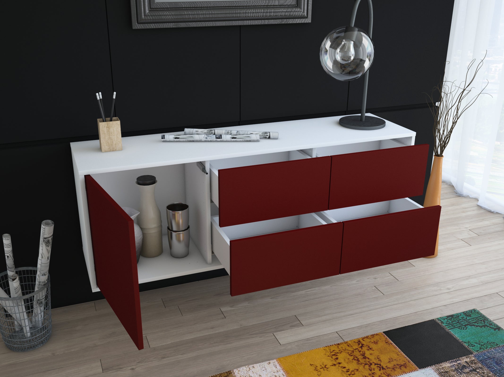 Lowboard - Aloisia - Design Farbakzent - Wandmontage mit Push to Open 136 cm Weiss