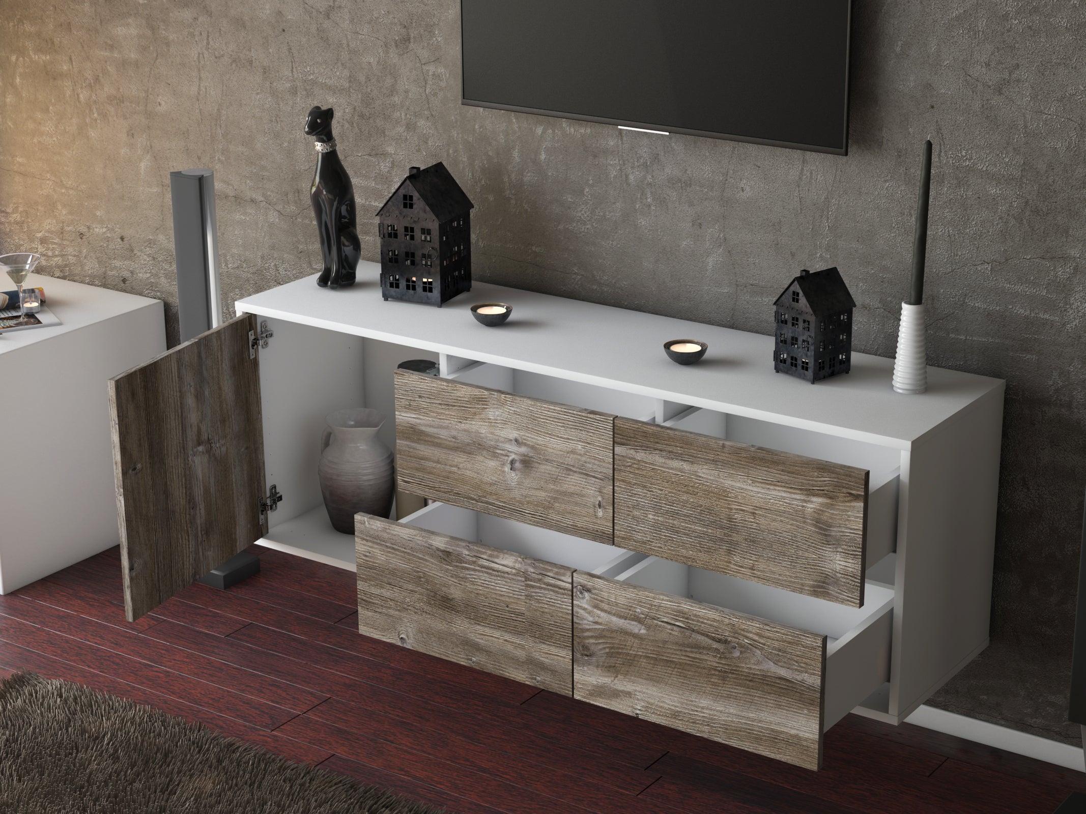 Lowboard - Aloisia - Design Holzdekor - Wandmontage mit Push to Open 136 cm Weiss