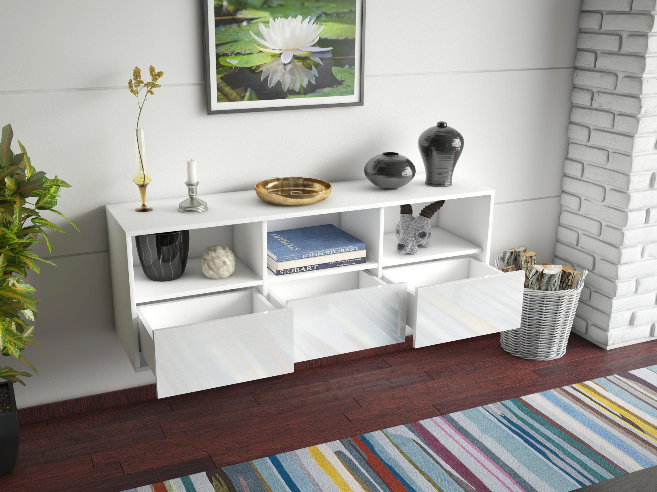 Lowboard - Amalia - Design Hochglanz - Wandmontage mit Push to Open 136 cm Weiss