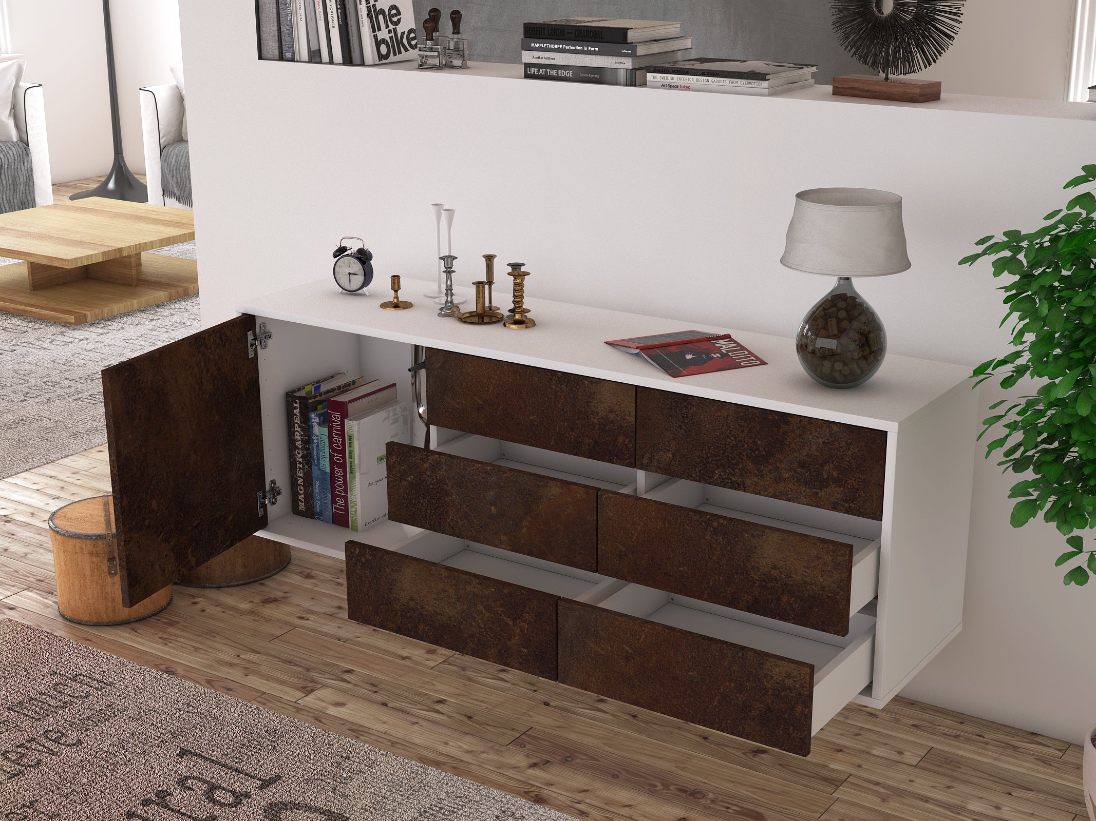 Lowboard - Amedea - Design Industrie Stil - Wandmontage mit Push to Open 136 cm Weiss