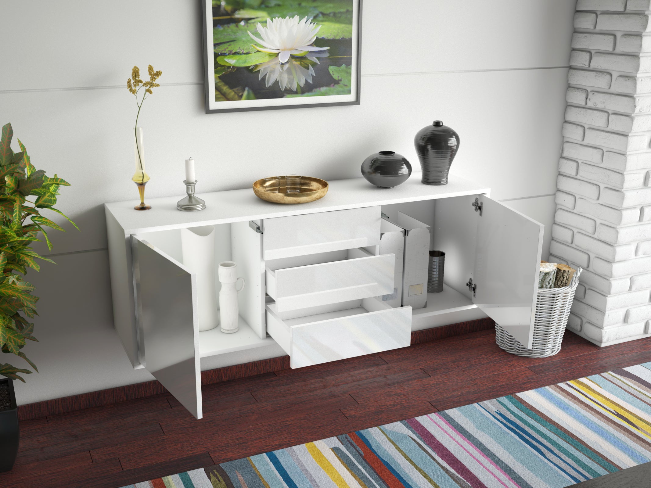 Lowboard - Ameline - Design Hochglanz - Wandmontage mit Push to Open 136 cm Weiss