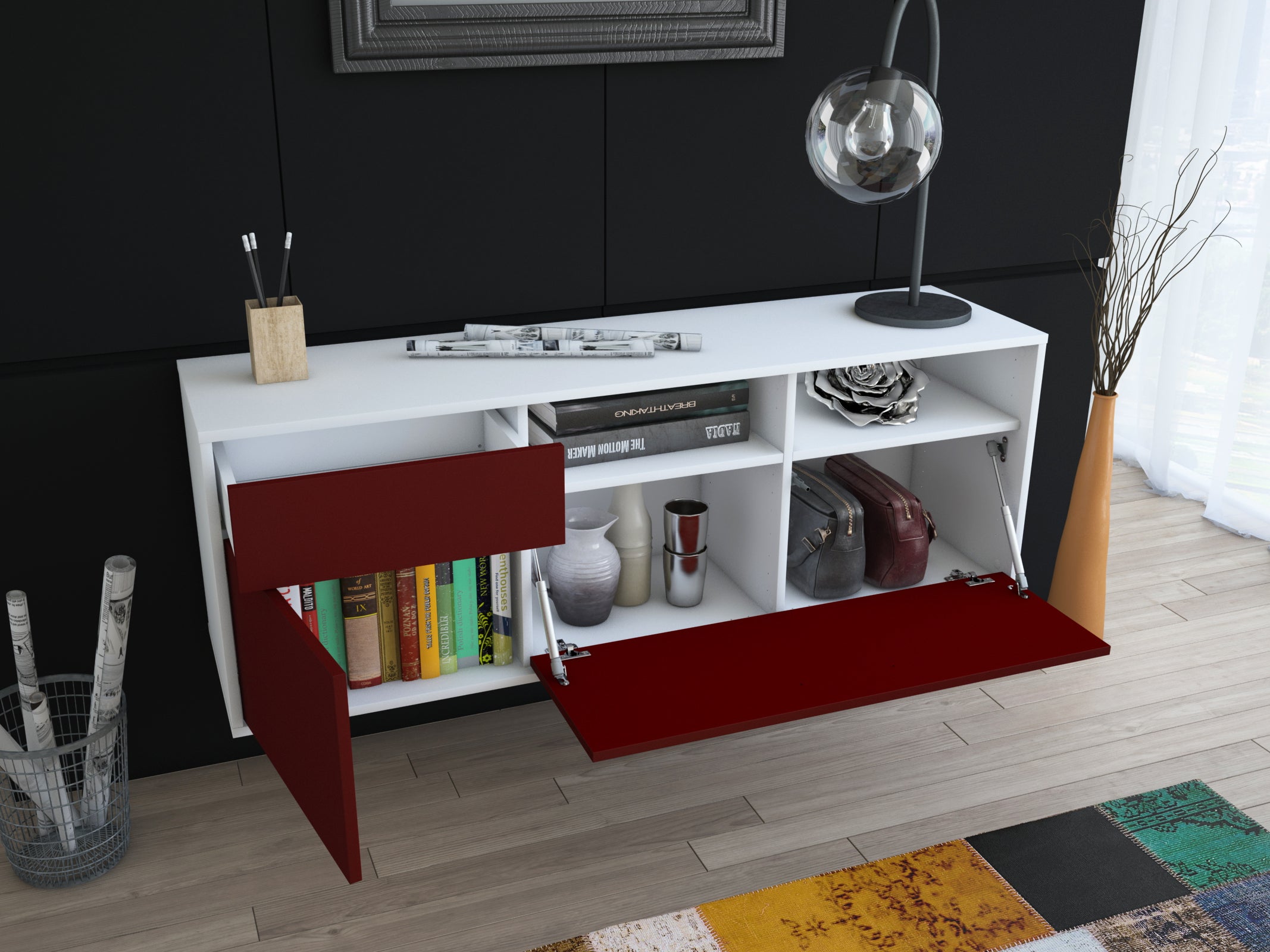 Lowboard - Amisa - Design Farbakzent - Wandmontage mit Push to Open 136 cm Weiss