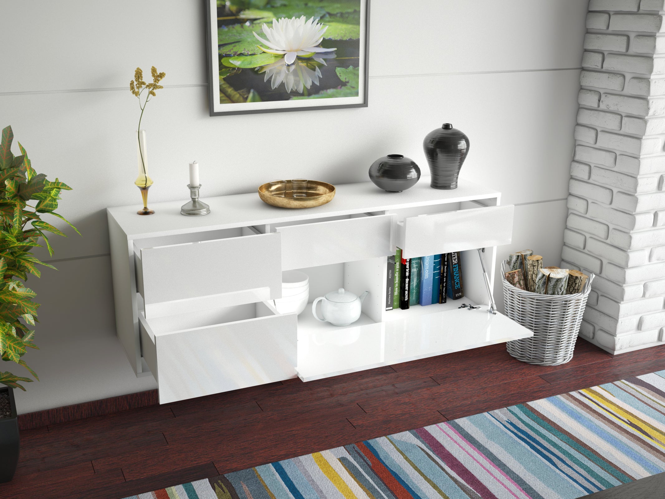 Lowboard - Anais - Design Hochglanz - Wandmontage mit Push to Open 136 cm Weiss