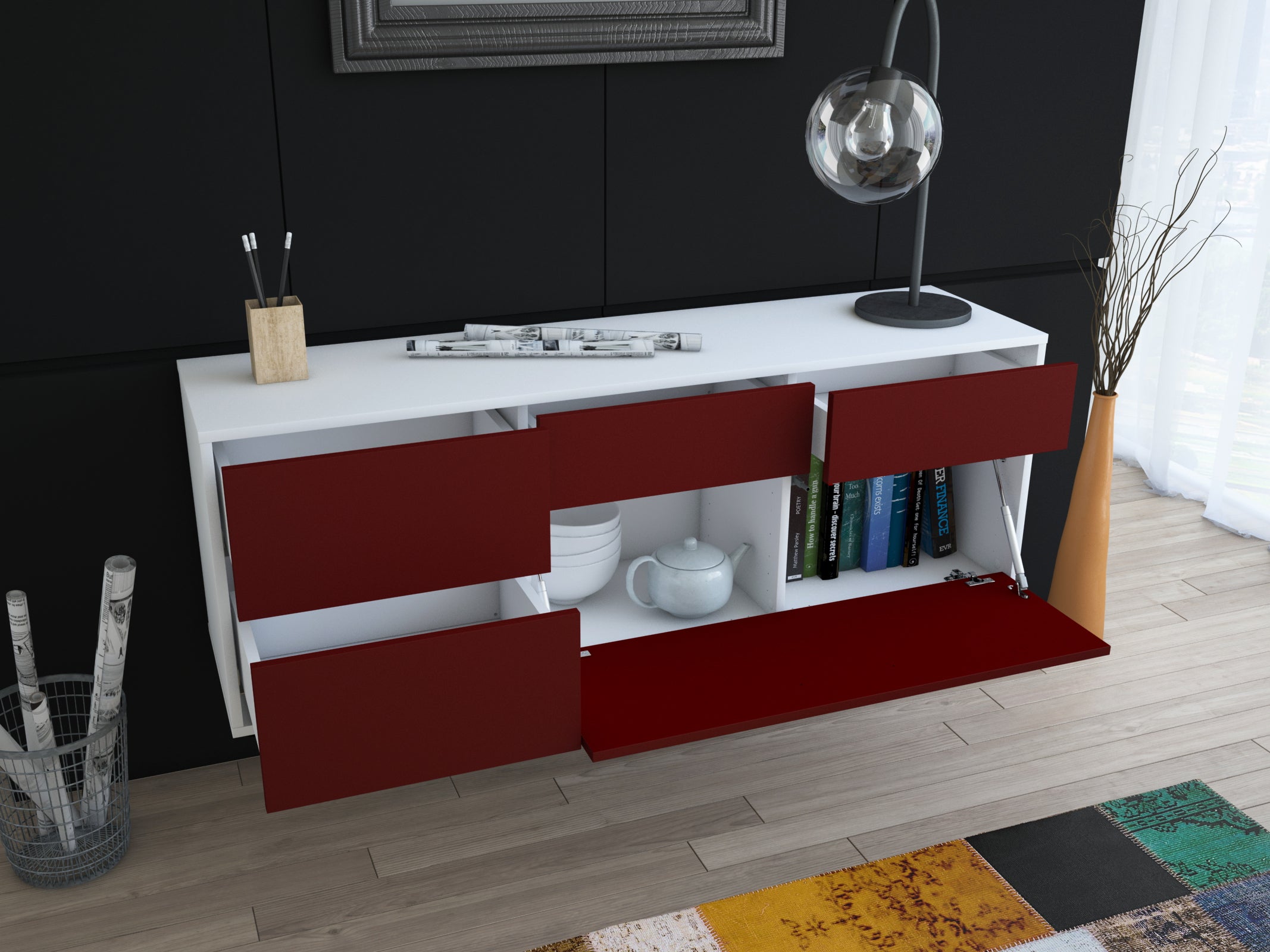 Lowboard - Anais - Design Farbakzent - Wandmontage mit Push to Open 136 cm Weiss