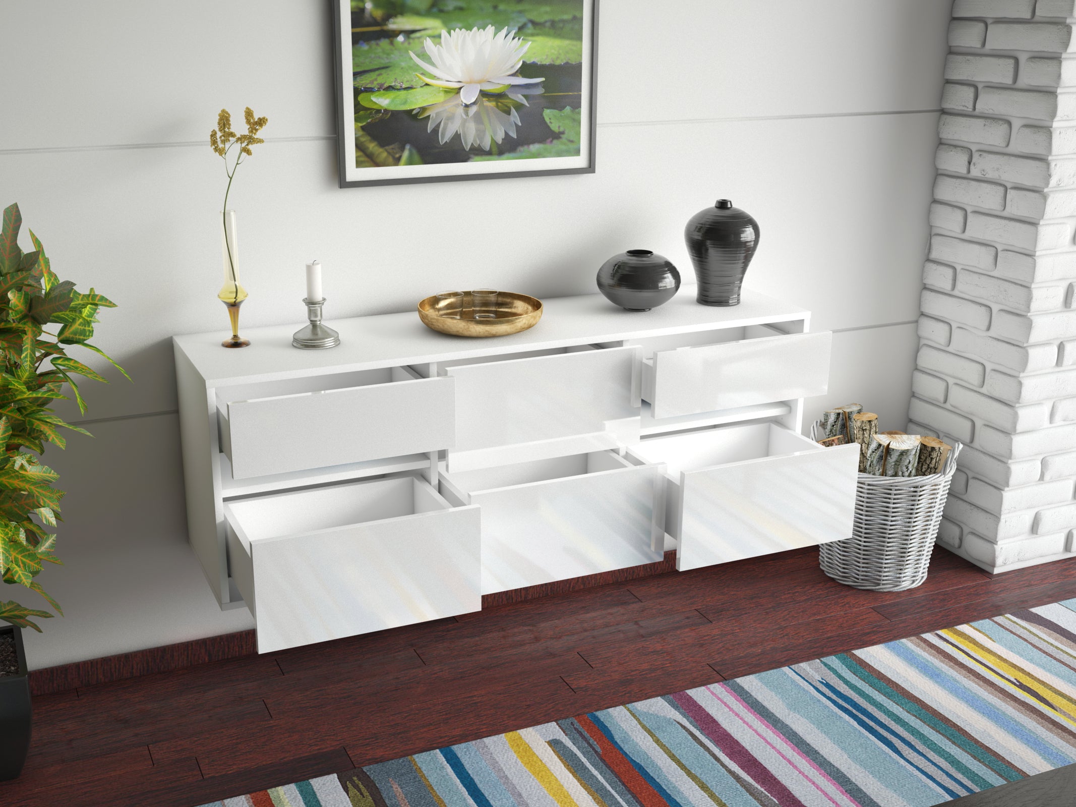 Lowboard - Andrea - Design Hochglanz - Wandmontage mit Push to Open 136 cm Weiss
