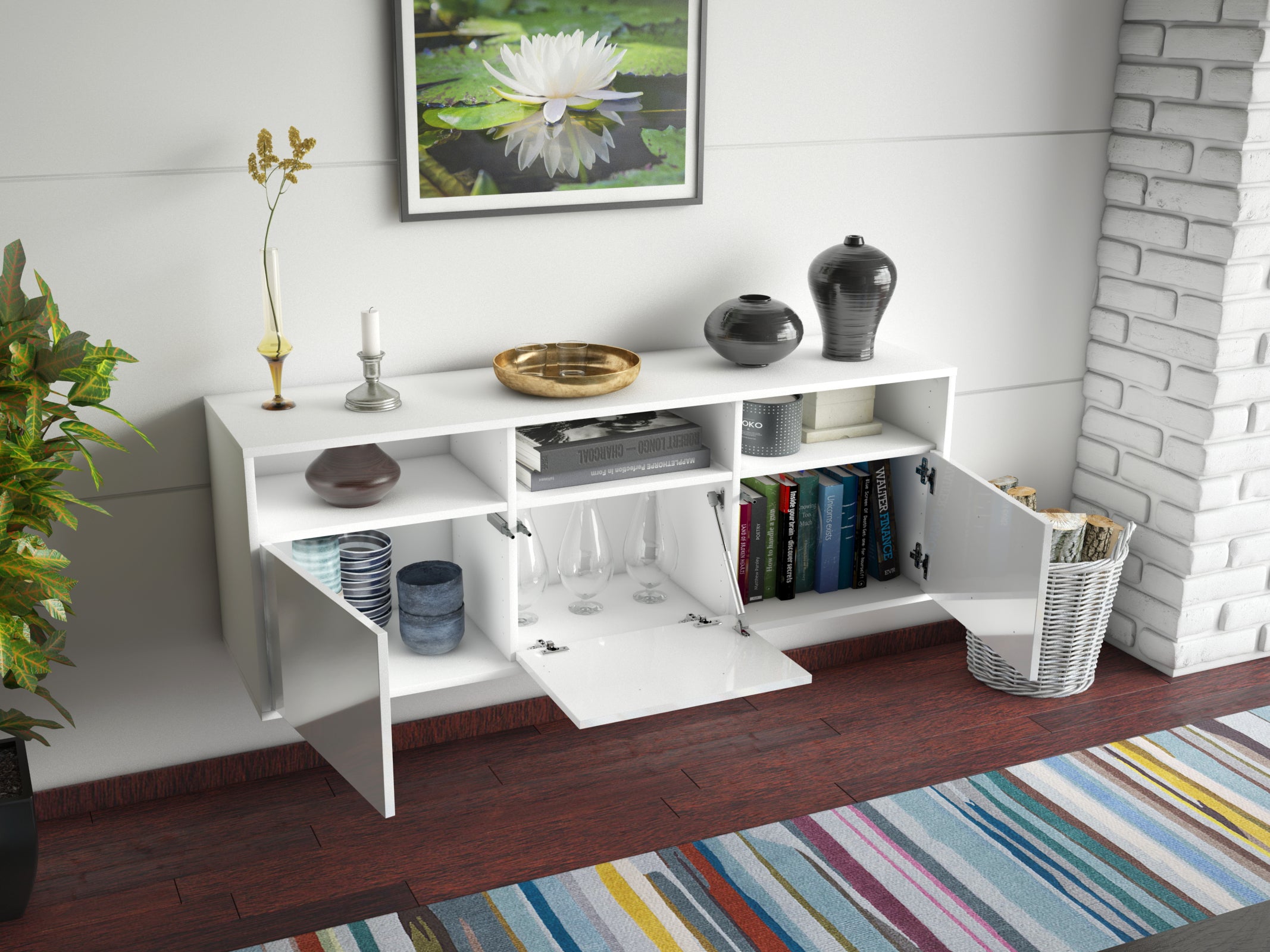 Lowboard - Andrina - Design Hochglanz - Wandmontage mit Push to Open 136 cm Weiss