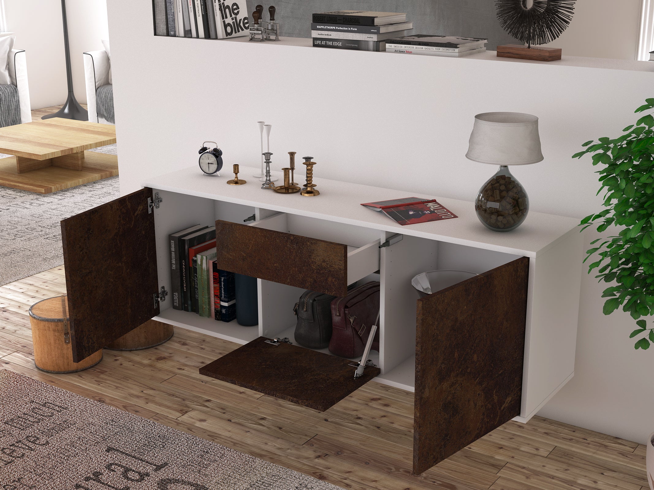 Lowboard - Anella - Design Industrie Stil - Wandmontage mit Push to Open 136 cm Weiss