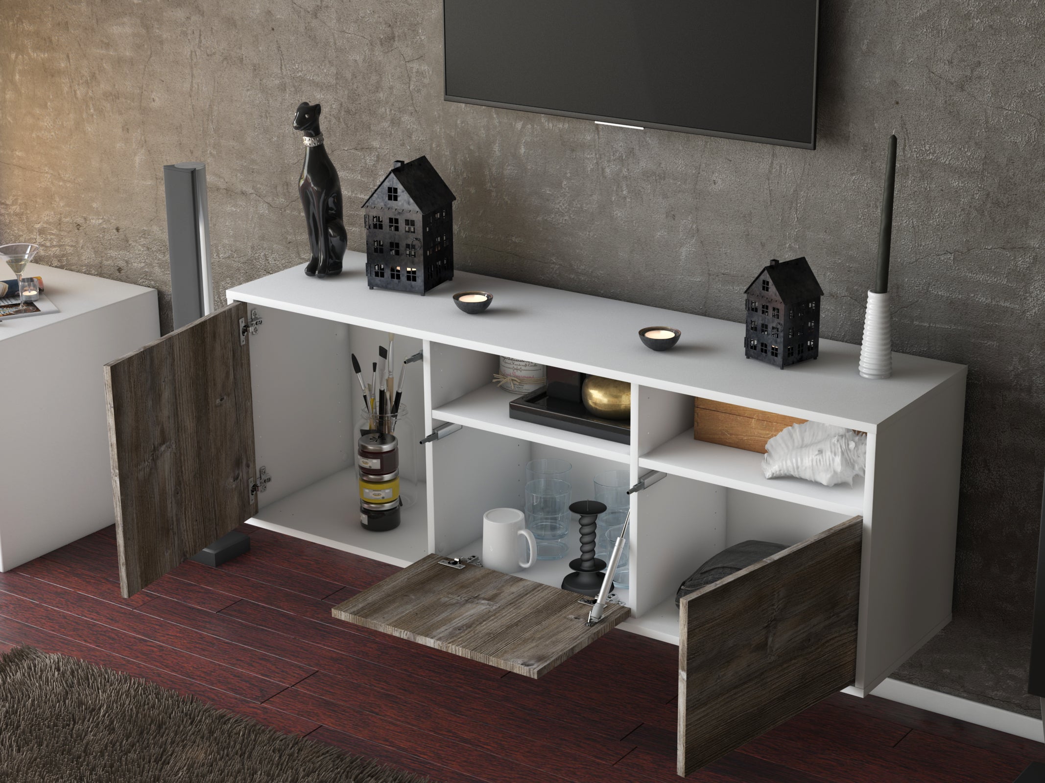 Lowboard - Angelina - Design Holzdekor - Wandmontage mit Push to Open 136 cm Weiss