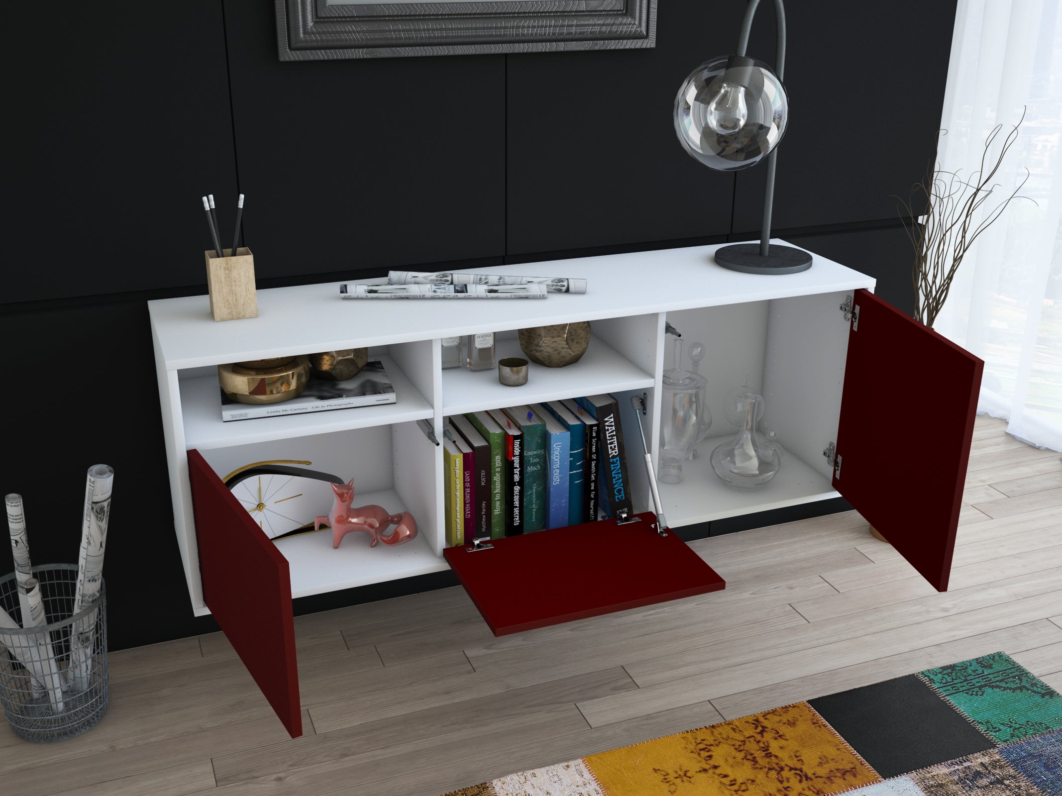 Lowboard - Anina - Design Farbakzent - Wandmontage mit Push to Open 136 cm Weiss