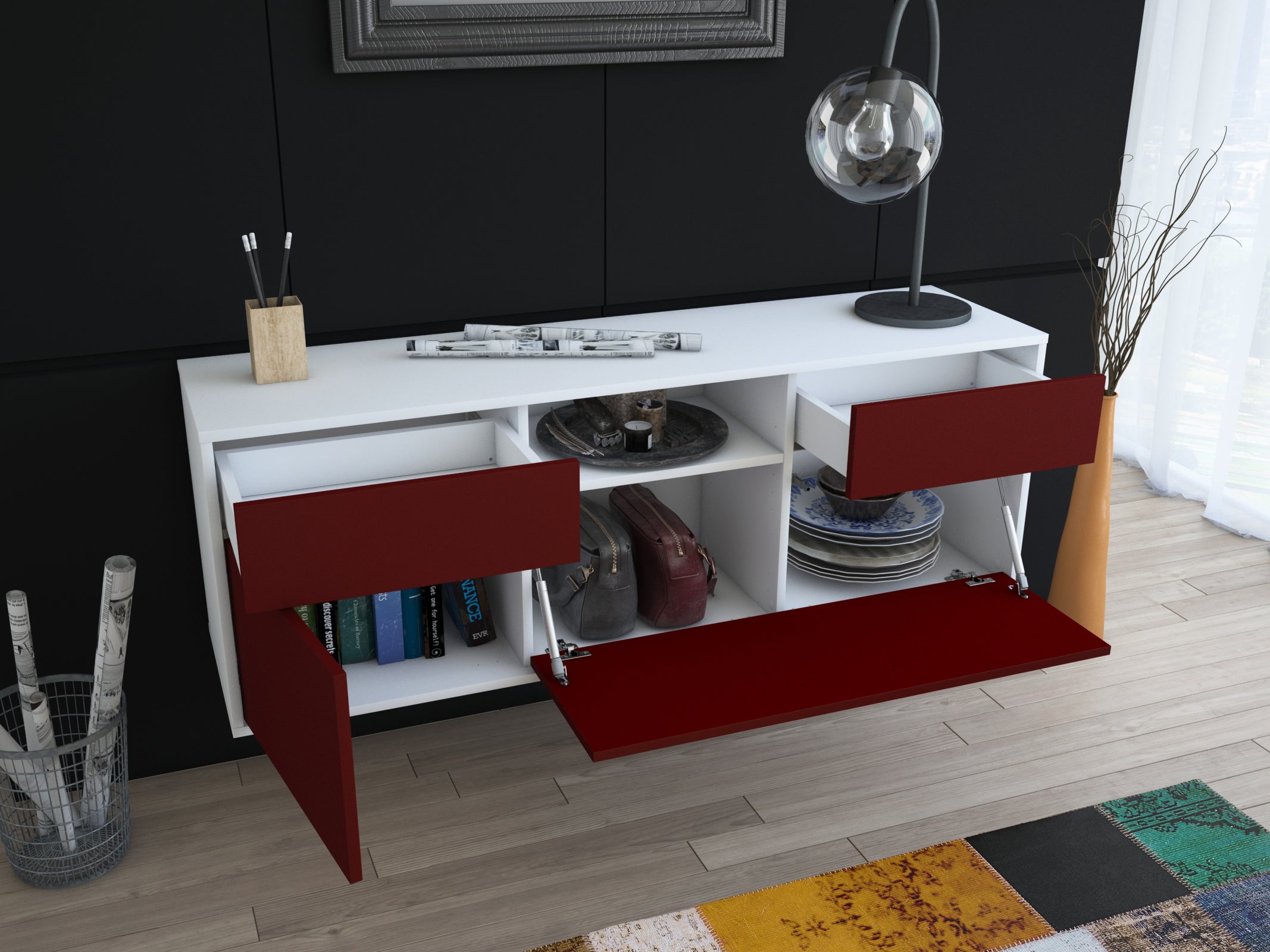 Lowboard - Anita - Design Farbakzent - Wandmontage mit Push to Open 136 cm Weiss