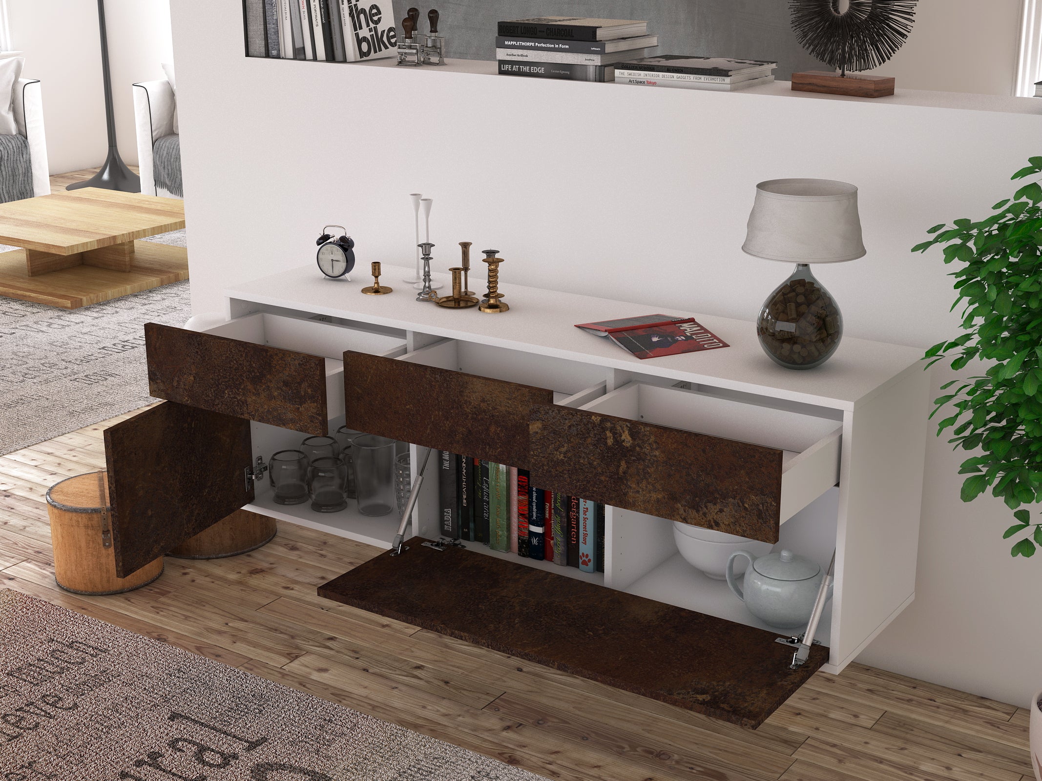Lowboard - Anjelika - Design Industrie Stil - Wandmontage mit Push to Open 136 cm Weiss