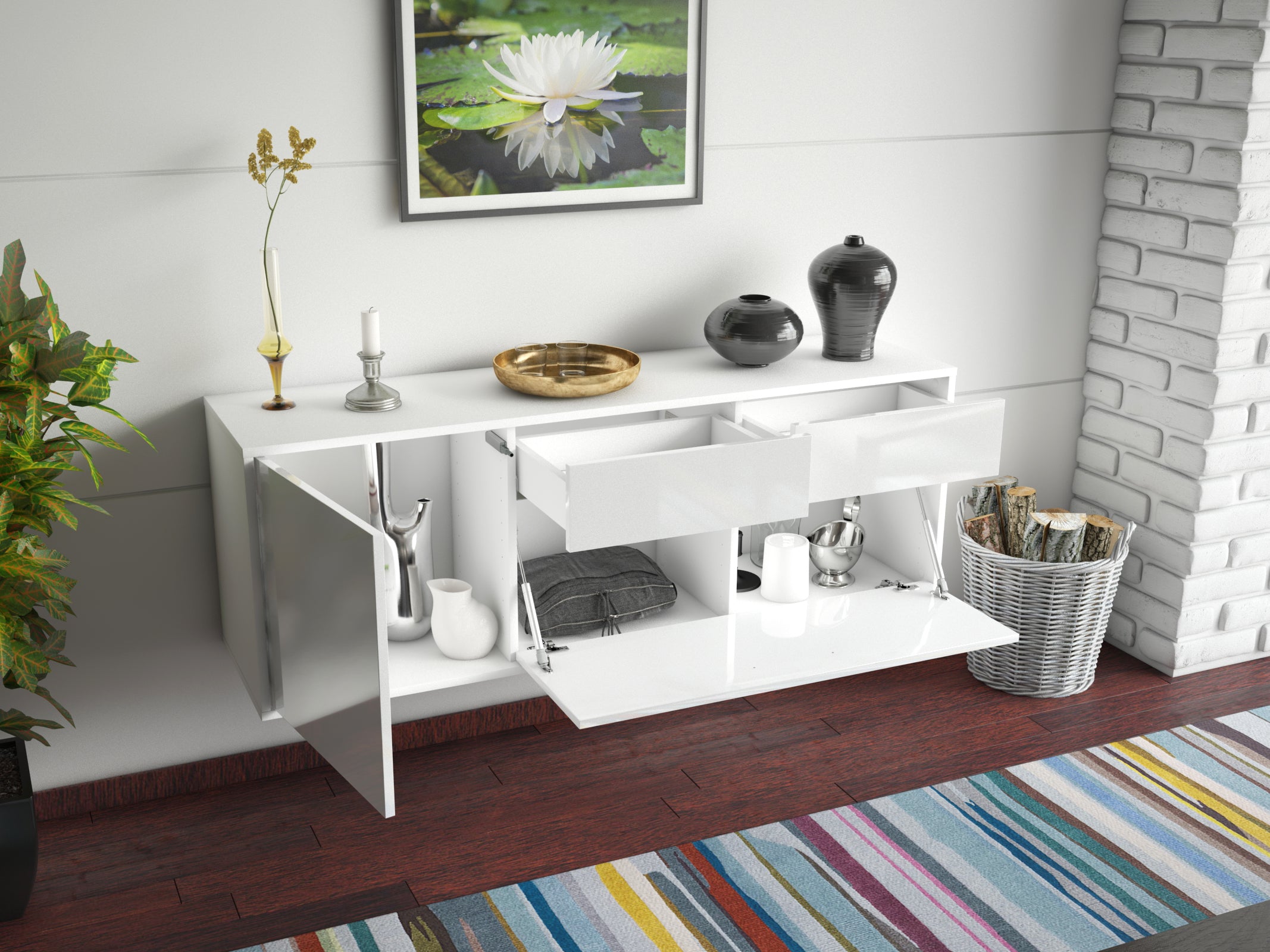 Lowboard - Annabell - Design Hochglanz - Wandmontage mit Push to Open 136 cm Weiss
