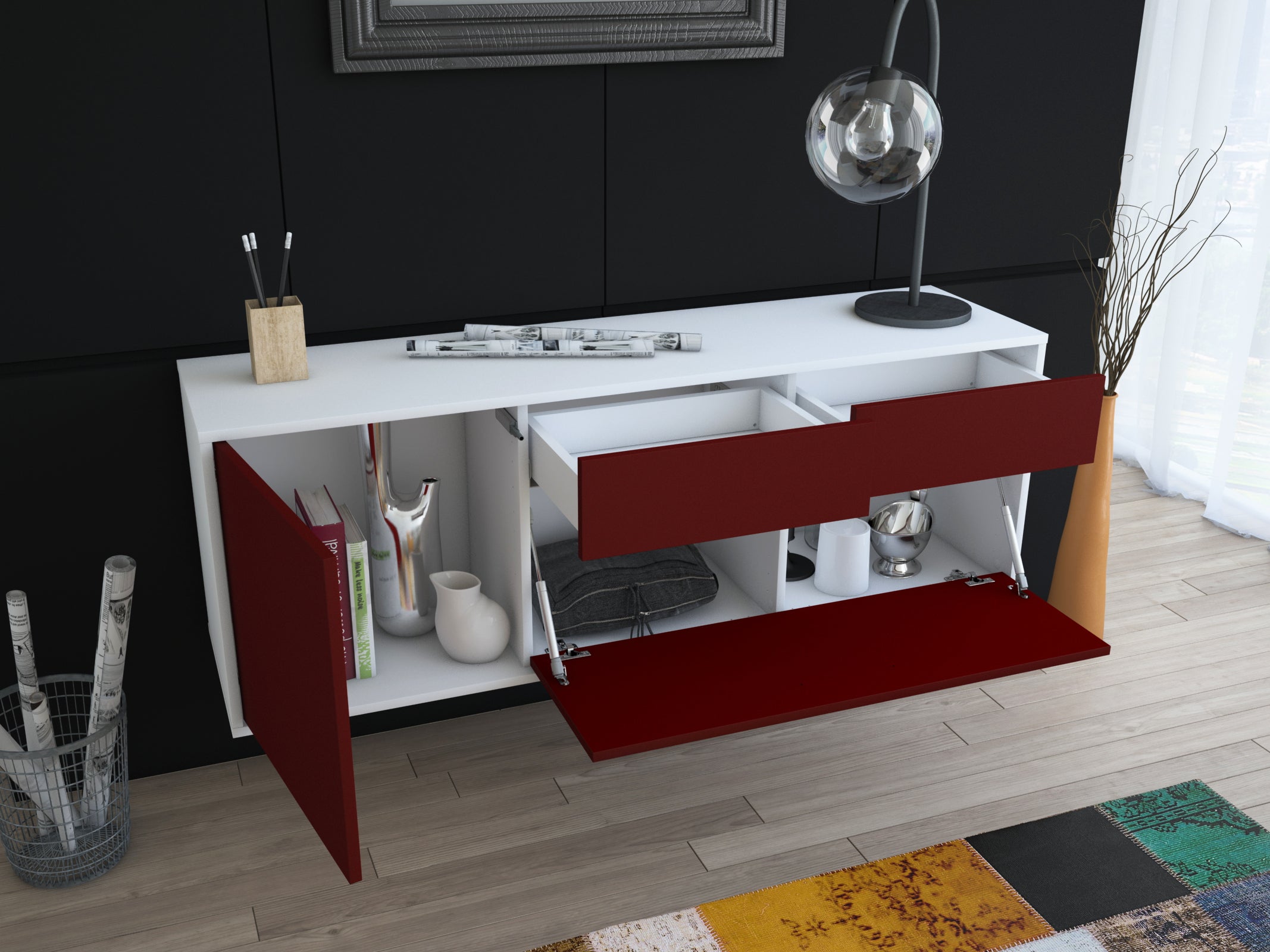 Lowboard - Annabell - Design Farbakzent - Wandmontage mit Push to Open 136 cm Weiss