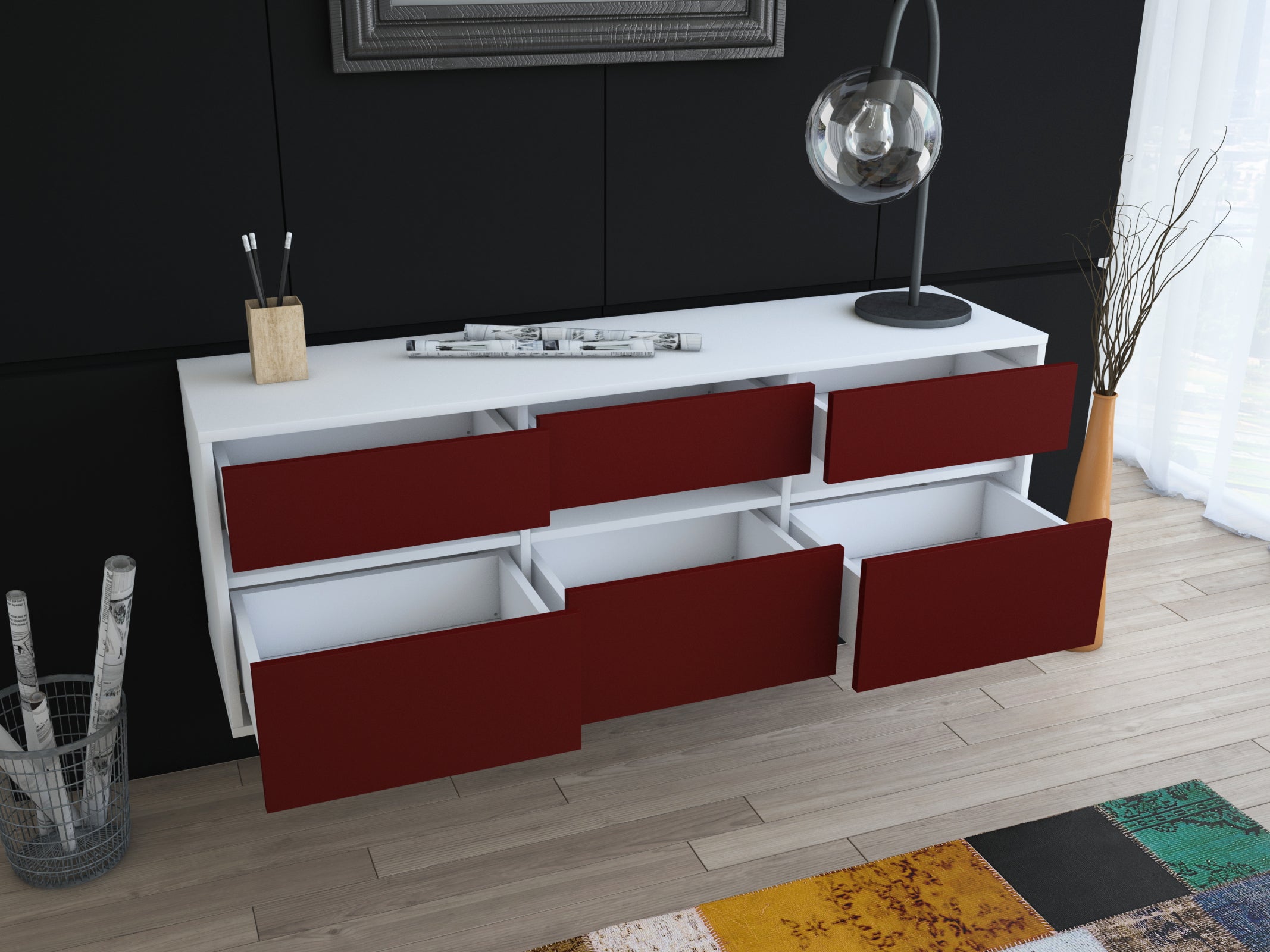 Lowboard - Annalena - Design Farbakzent - Wandmontage mit Push to Open 136 cm Weiss