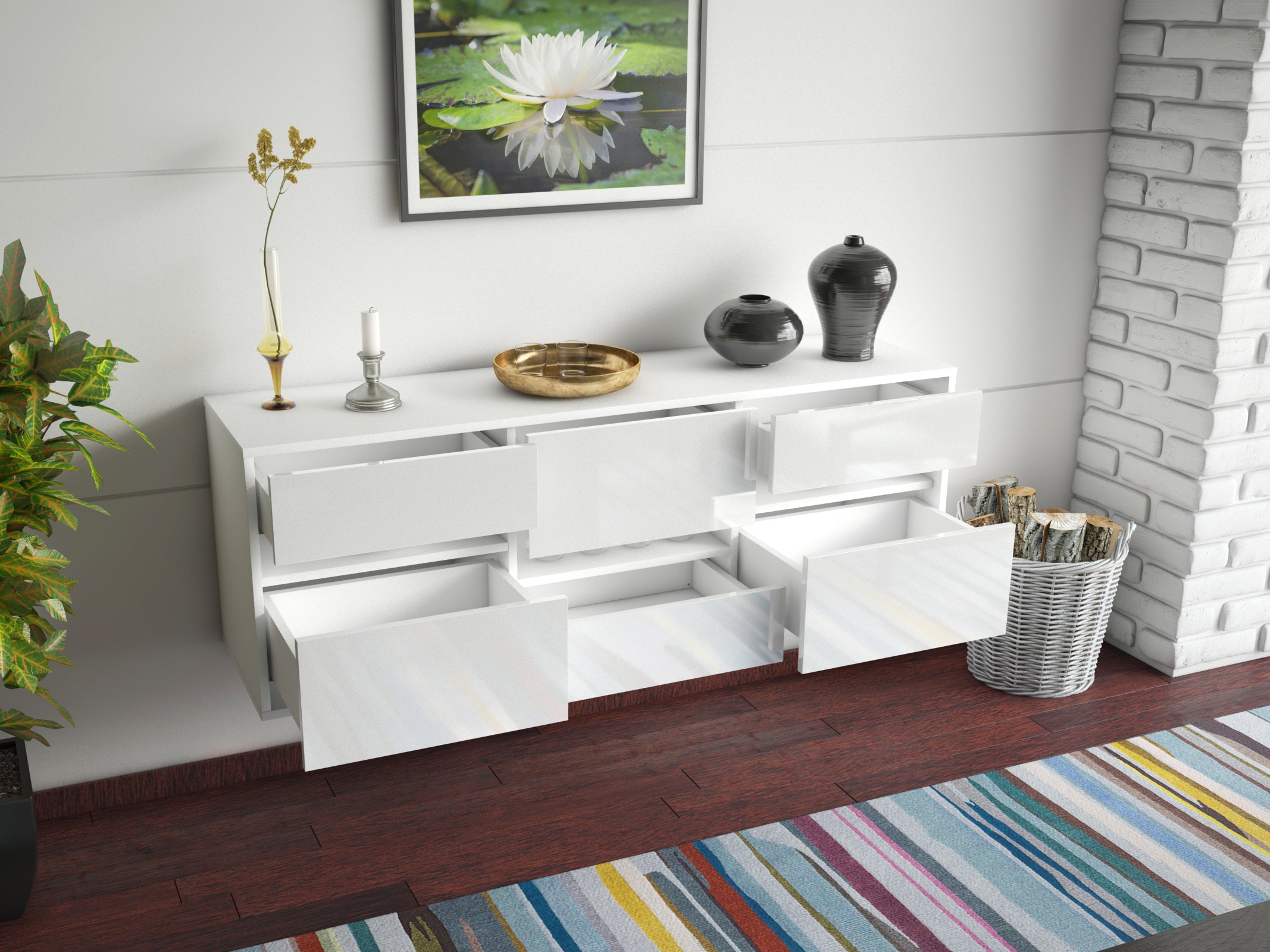 Lowboard - Annalisa - Design Hochglanz - Wandmontage mit Push to Open 136 cm Weiss