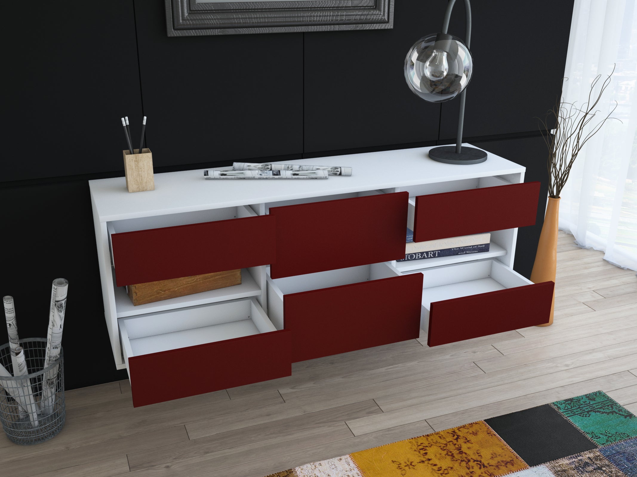 Lowboard - Anni - Design Farbakzent - Wandmontage mit Push to Open 136 cm Weiss