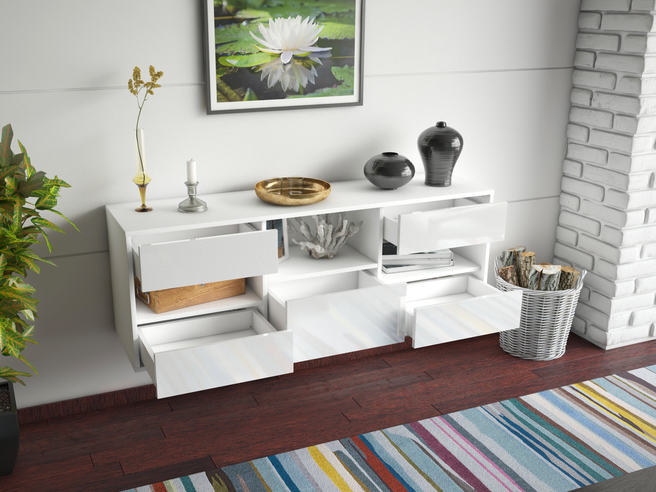 Lowboard - Annunziata - Design Hochglanz - Wandmontage mit Push to Open 136 cm Weiss
