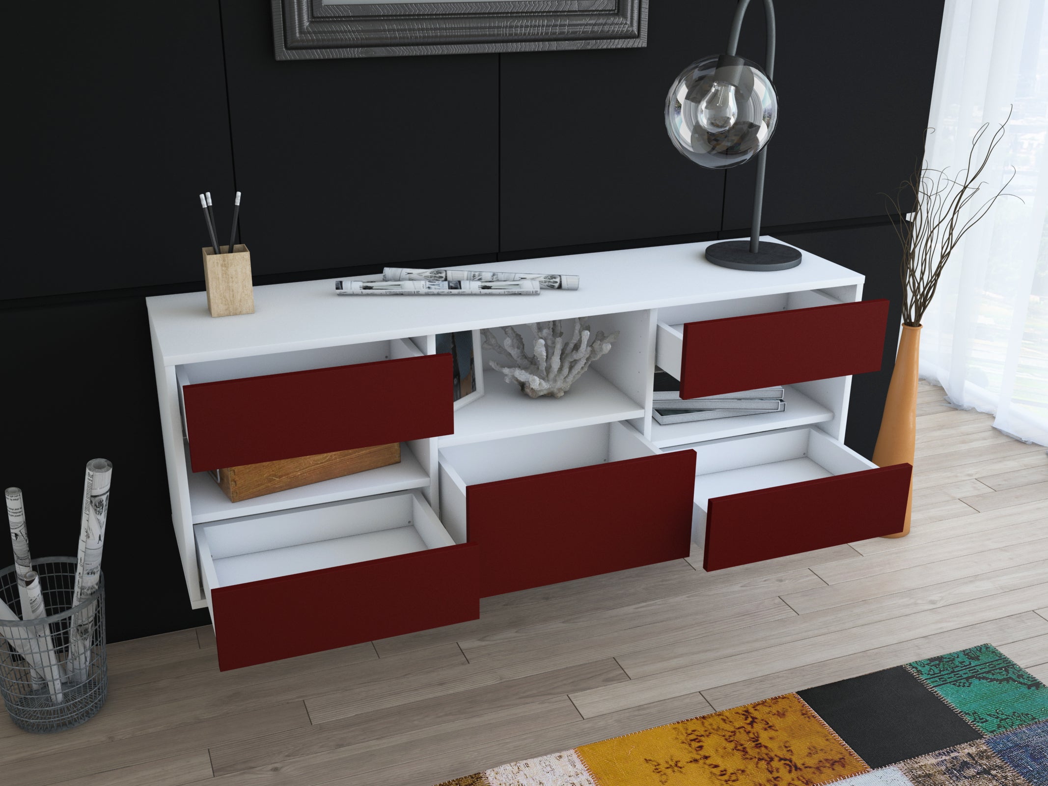 Lowboard - Annunziata - Design Farbakzent - Wandmontage mit Push to Open 136 cm Weiss