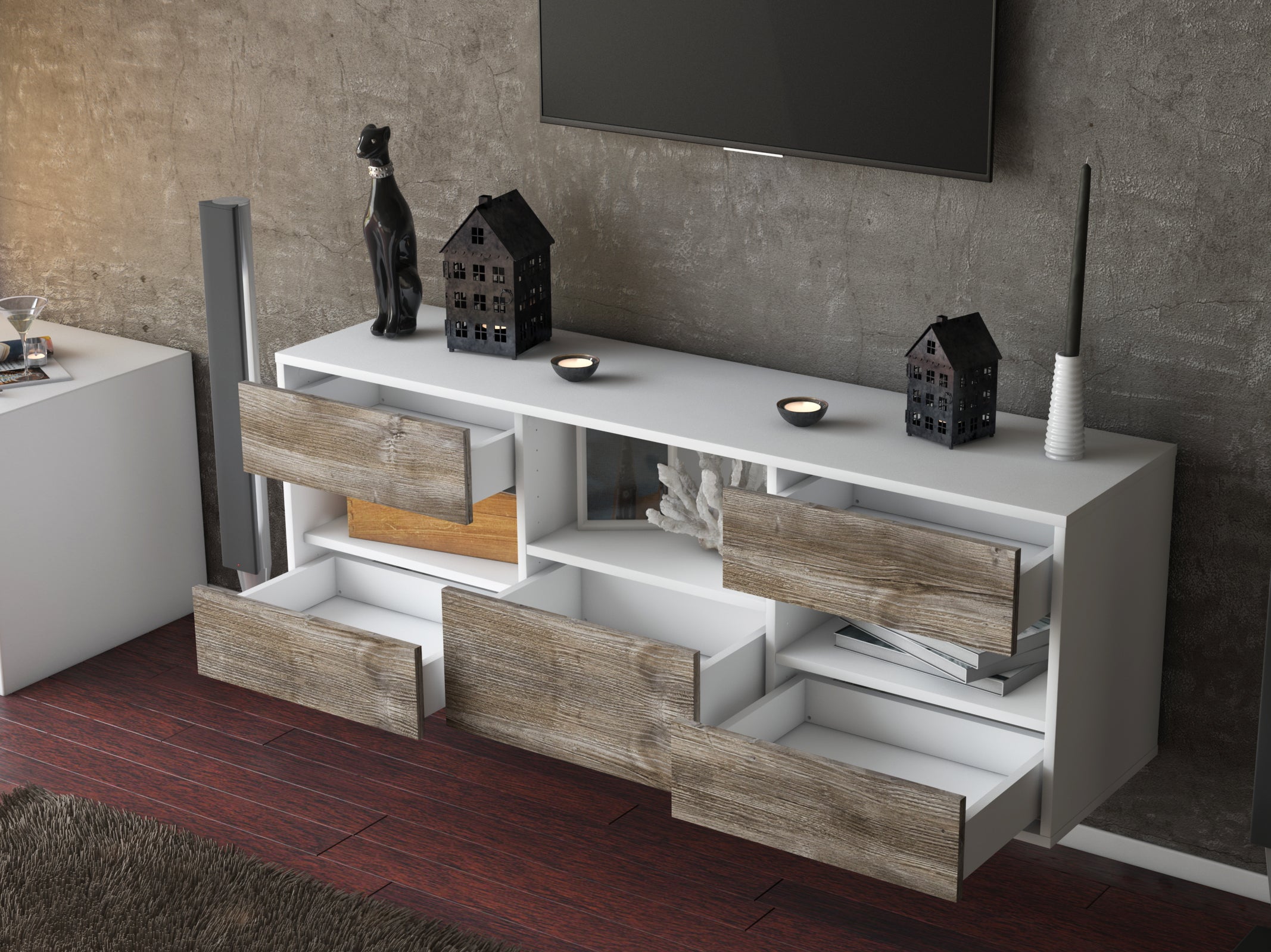 Lowboard - Annunziata - Design Holzdekor - Wandmontage mit Push to Open 136 cm Weiss