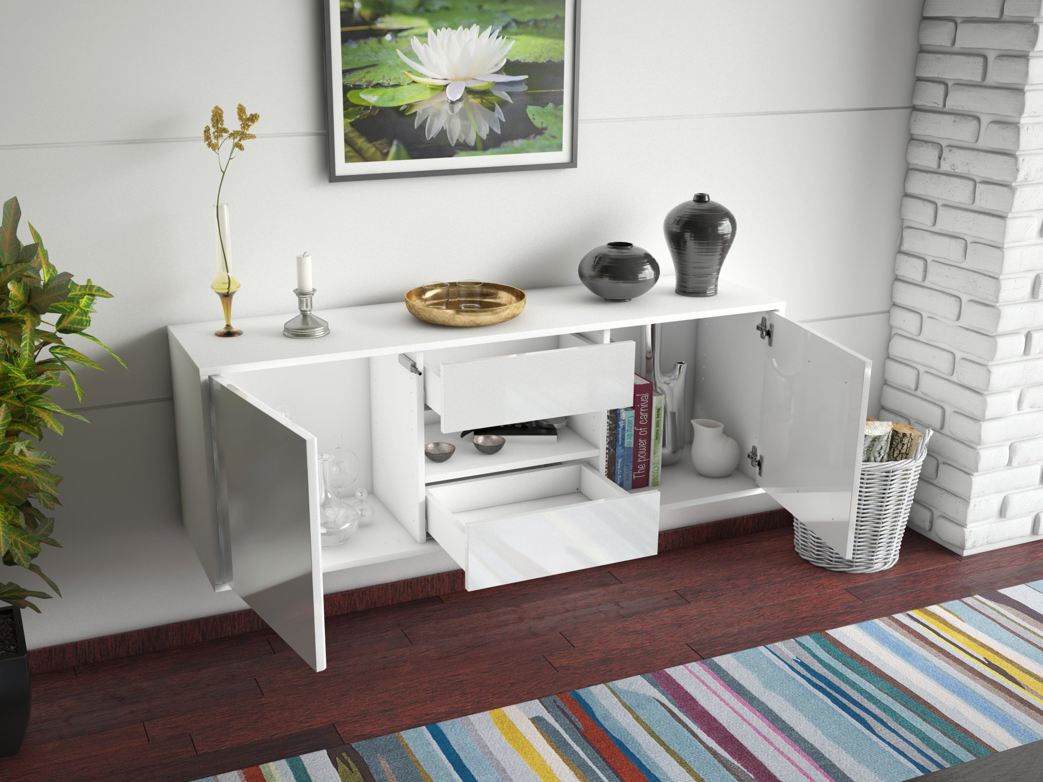 Lowboard - Antonella - Design Hochglanz - Wandmontage mit Push to Open 136 cm Weiss