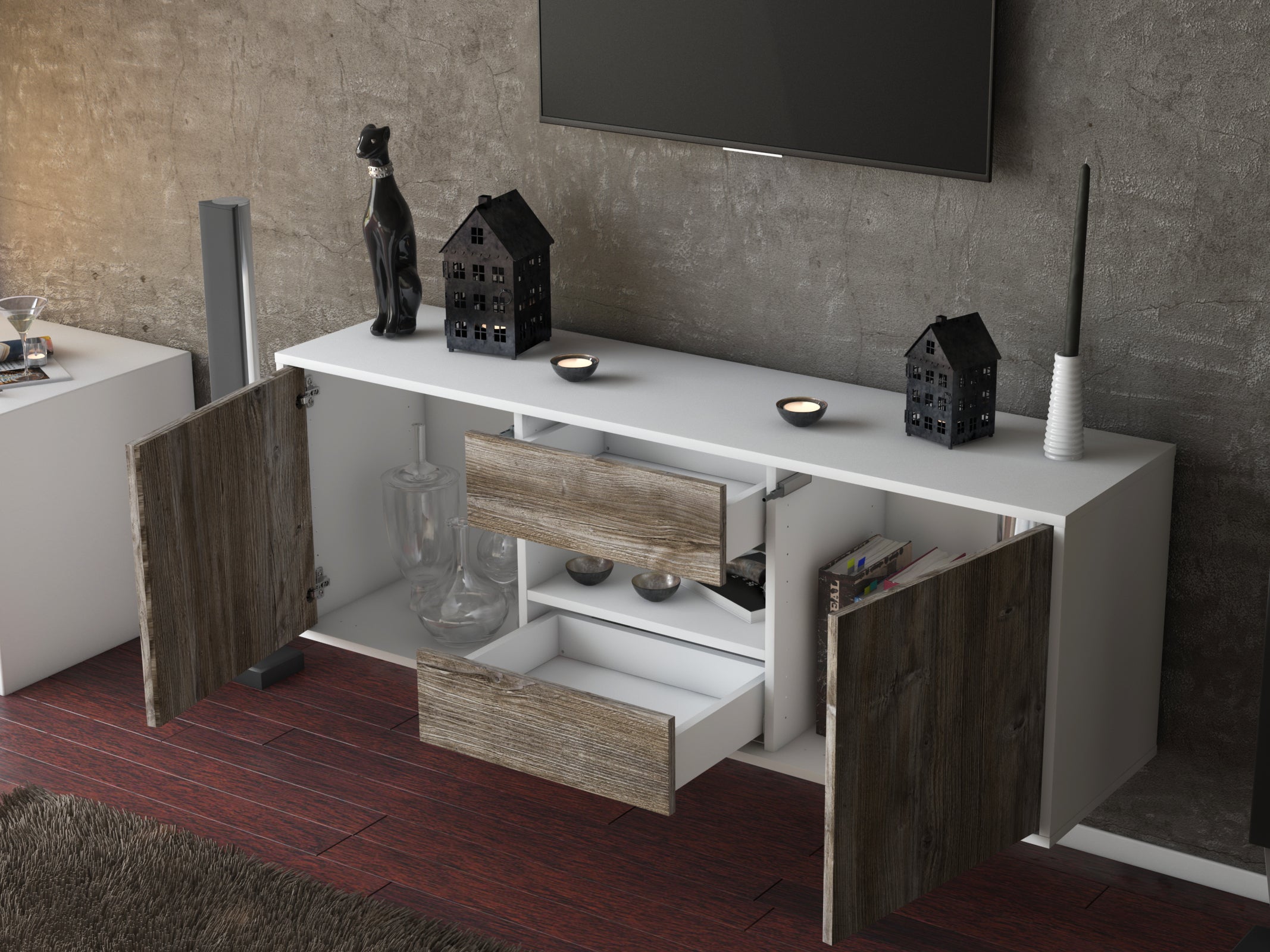 Lowboard - Antonella - Design Holzdekor - Wandmontage mit Push to Open 136 cm Weiss
