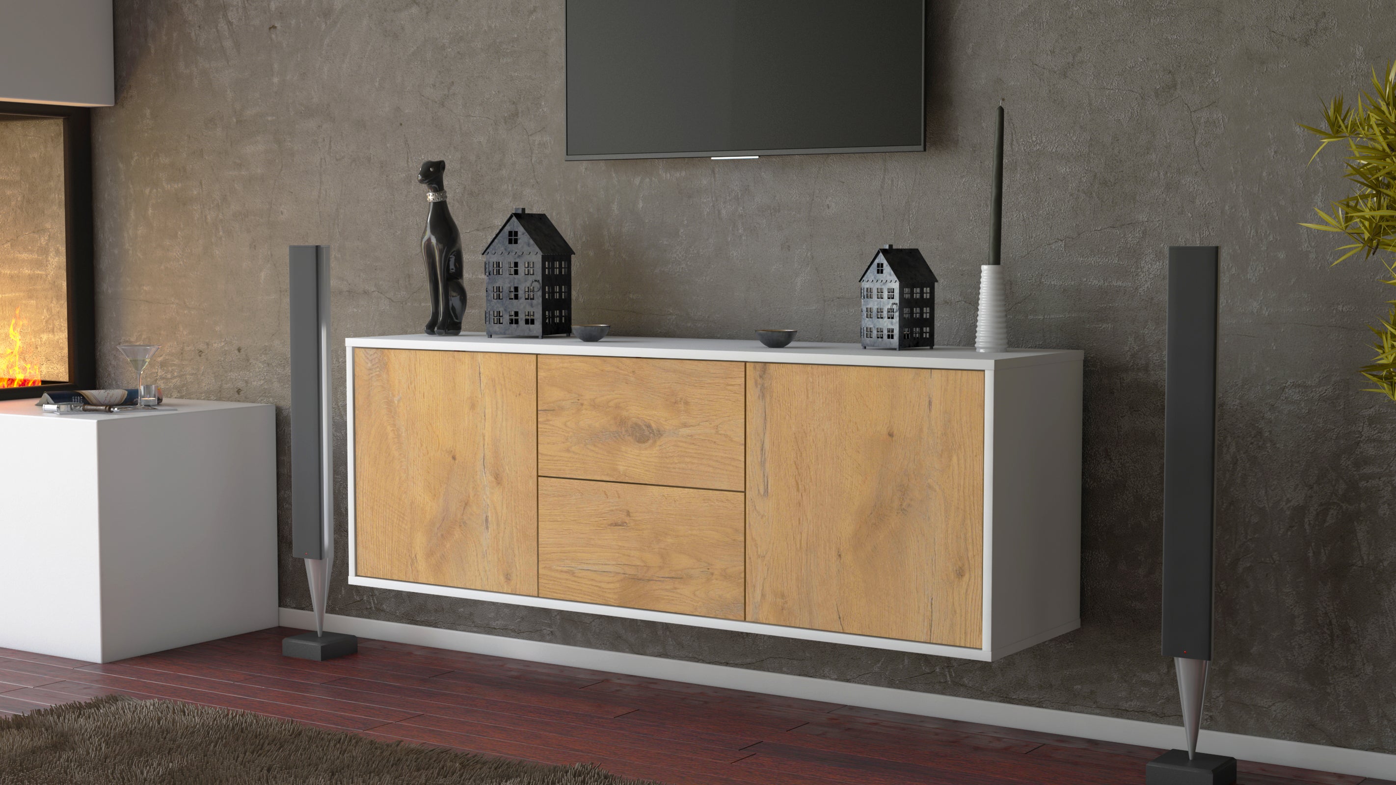 Lowboard - Alma - Design Holzdekor - Wandmontage mit Push to Open 136 cm Weiss