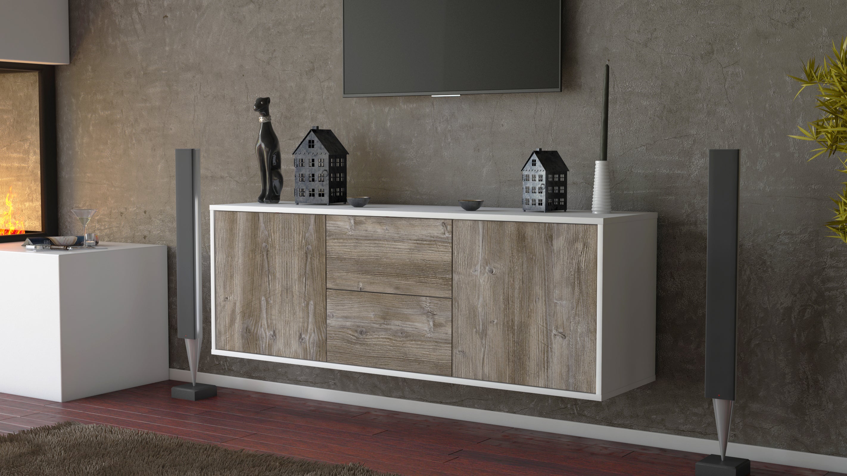 Lowboard - Alma - Design Holzdekor - Wandmontage mit Push to Open 136 cm Weiss
