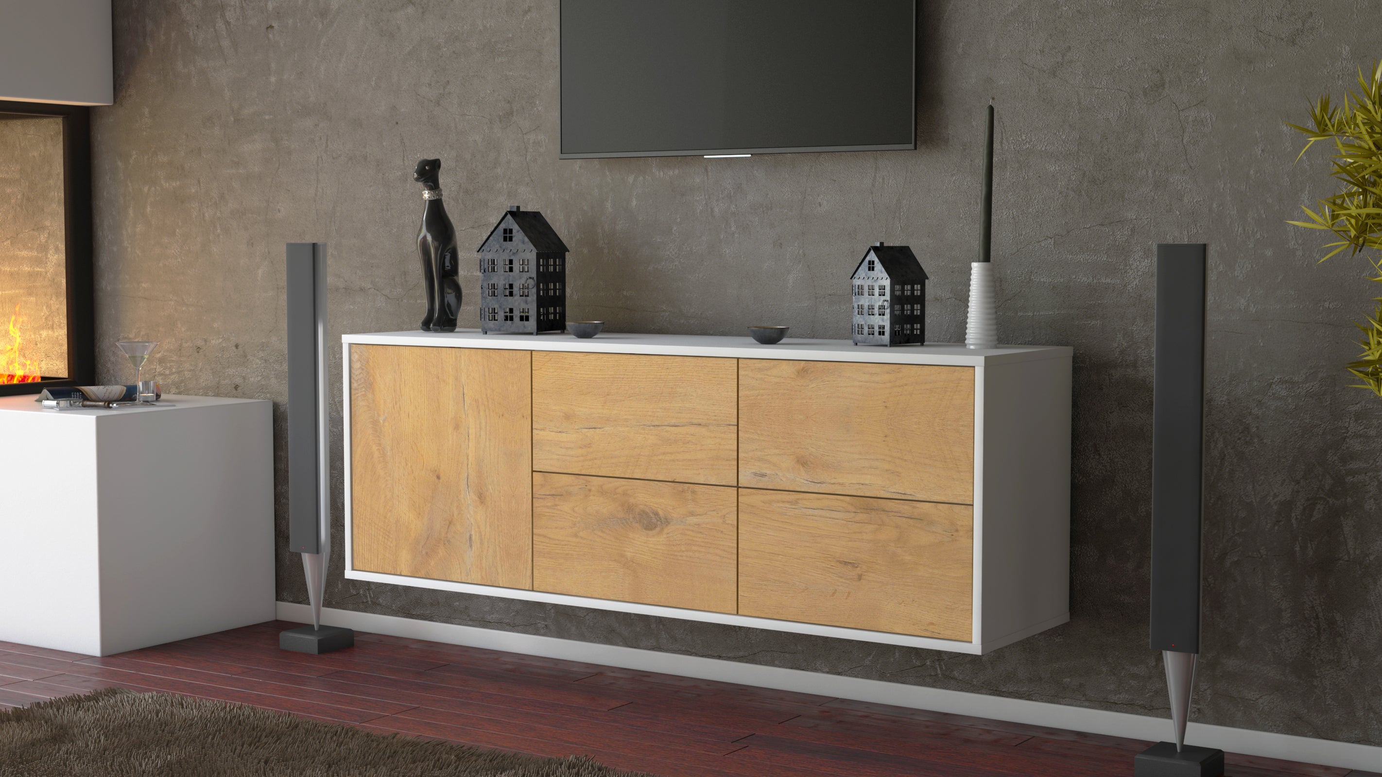 Lowboard - Aloisia - Design Holzdekor - Wandmontage mit Push to Open 136 cm Weiss