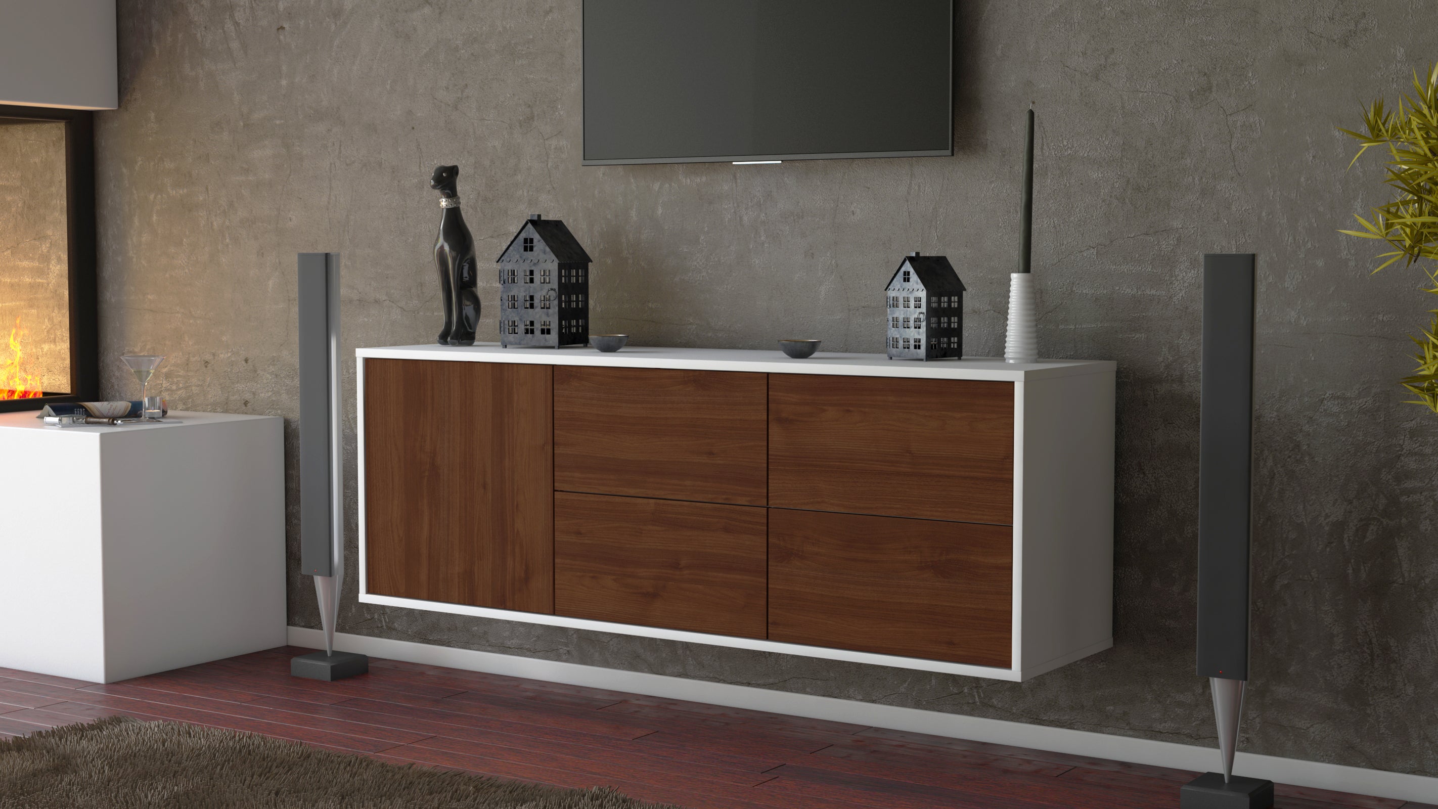 Lowboard - Aloisia - Design Holzdekor - Wandmontage mit Push to Open 136 cm Weiss