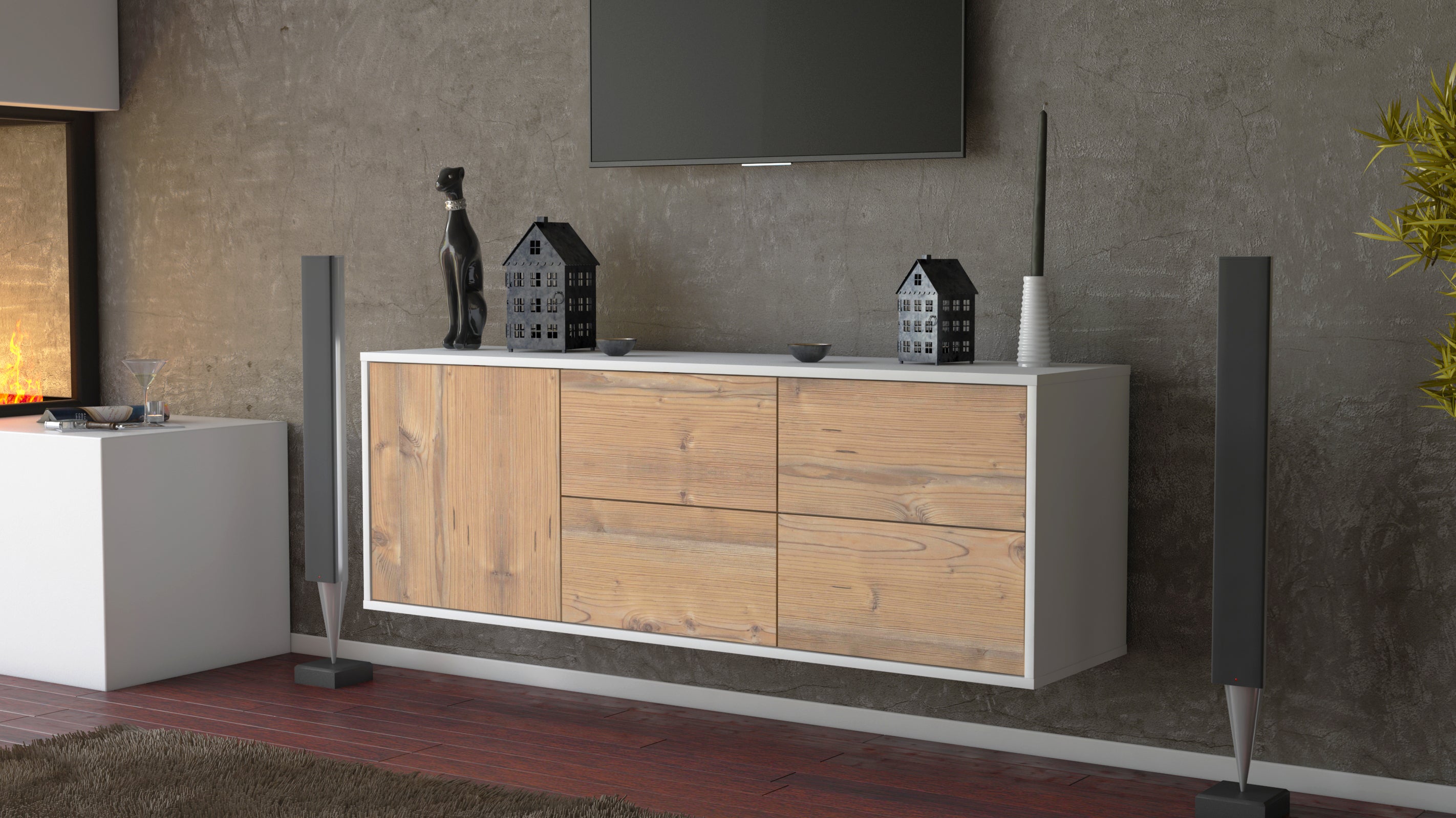 Lowboard - Aloisia - Design Holzdekor - Wandmontage mit Push to Open 136 cm Weiss