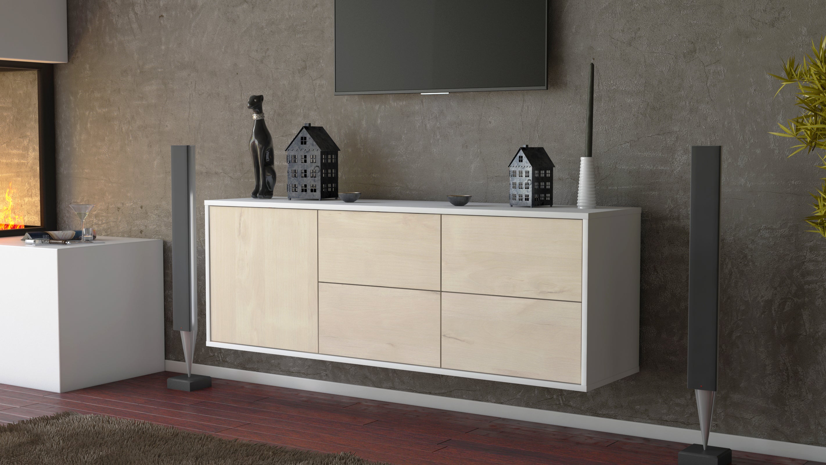 Lowboard - Aloisia - Design Holzdekor - Wandmontage mit Push to Open 136 cm Weiss