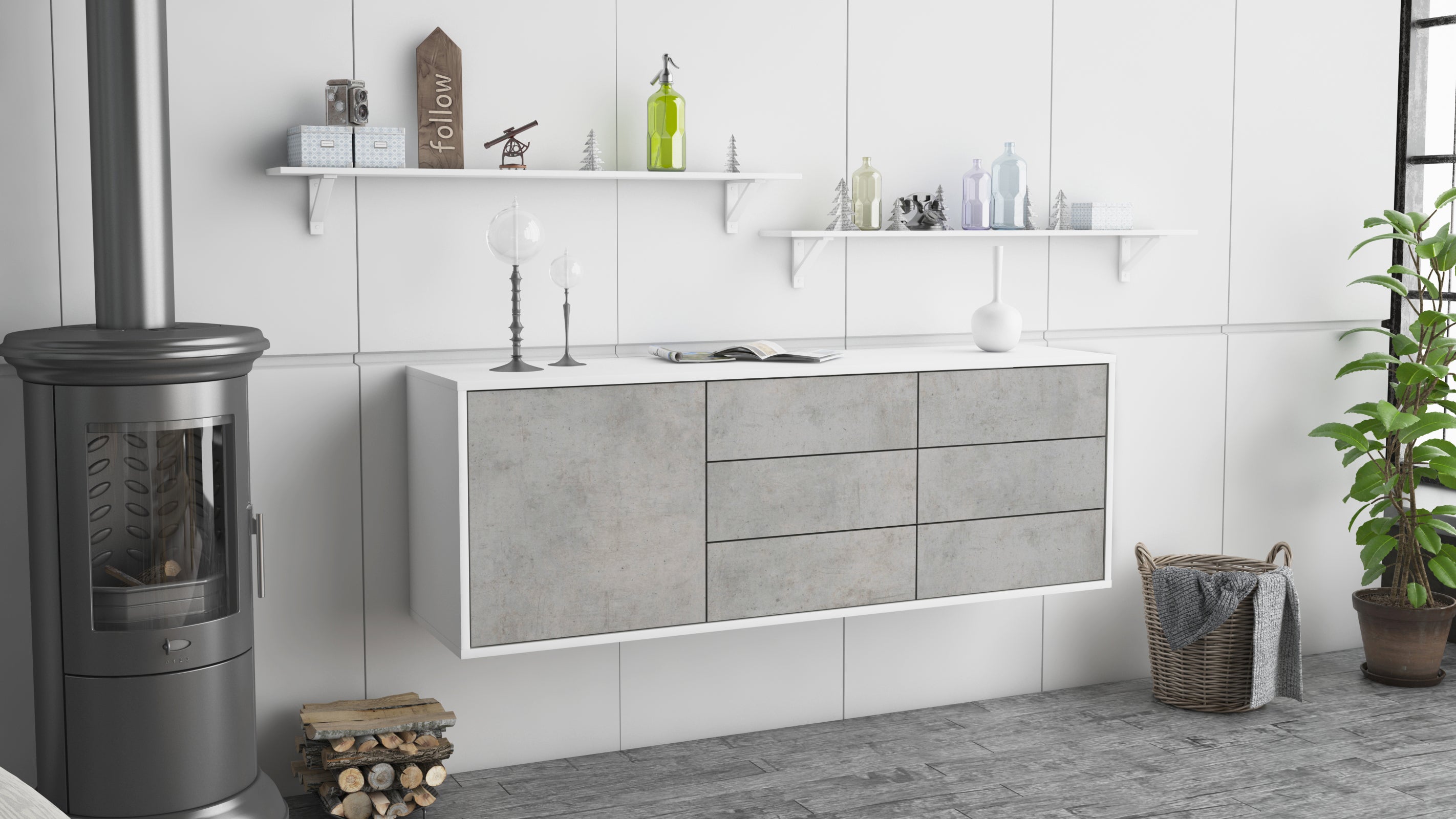 Lowboard - Amedea - Design Industrie Stil - Wandmontage mit Push to Open 136 cm Weiss