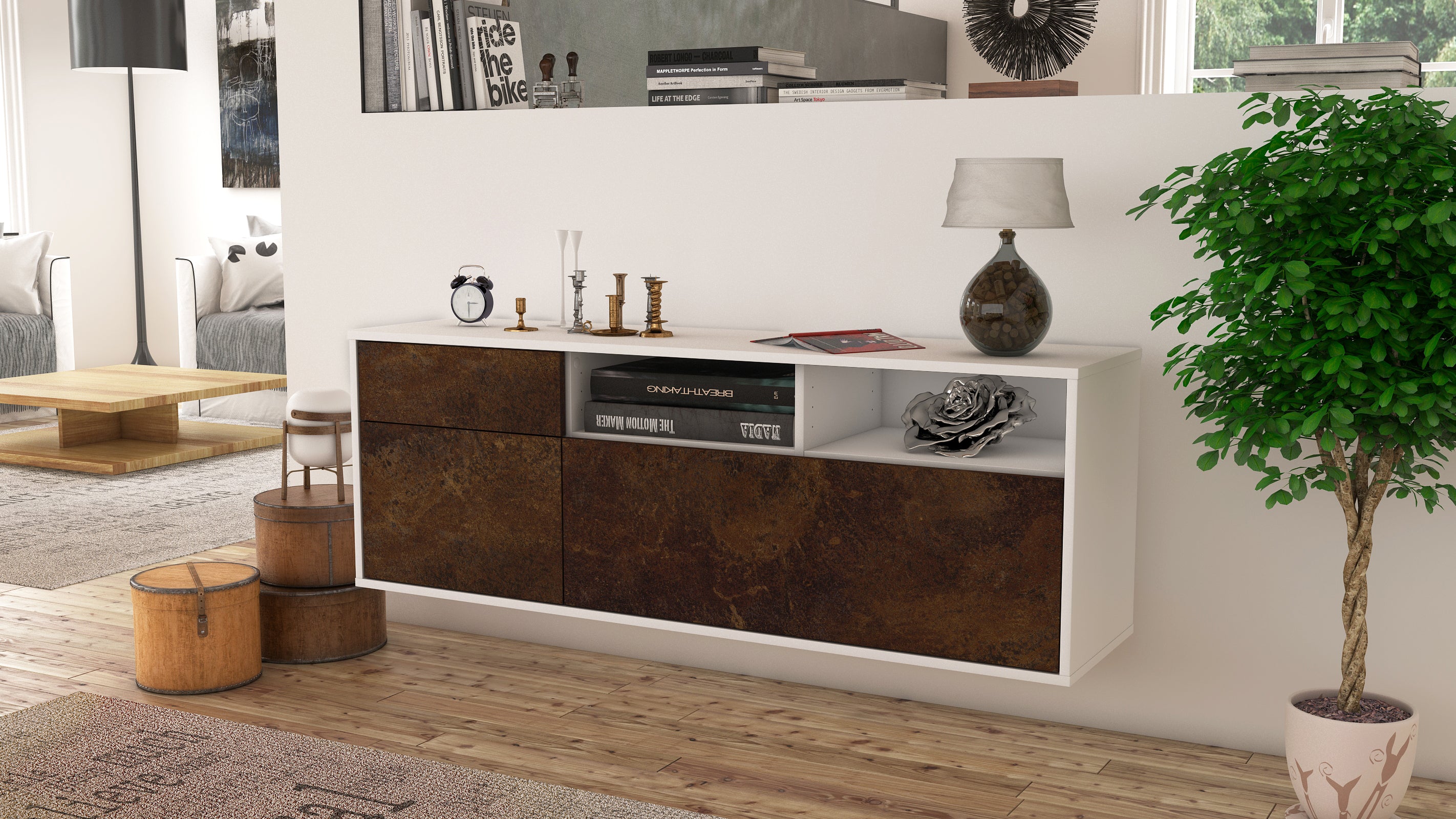 Lowboard - Amisa - Design Industrie Stil - Wandmontage mit Push to Open 136 cm Weiss