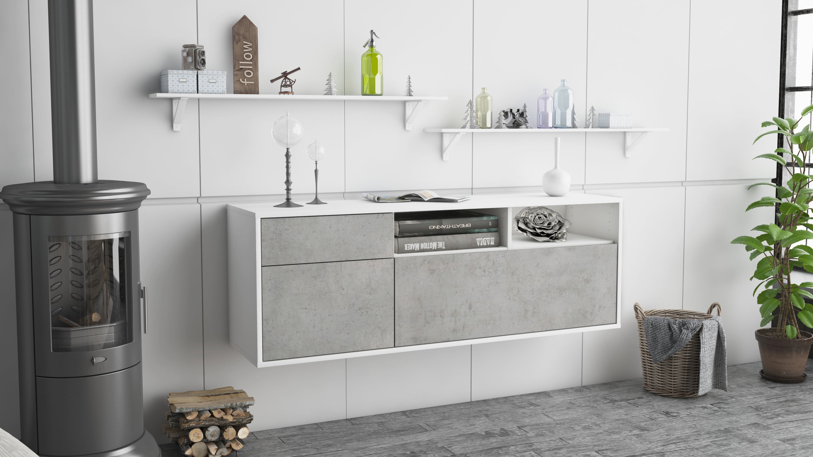 Lowboard - Amisa - Design Industrie Stil - Wandmontage mit Push to Open 136 cm Weiss