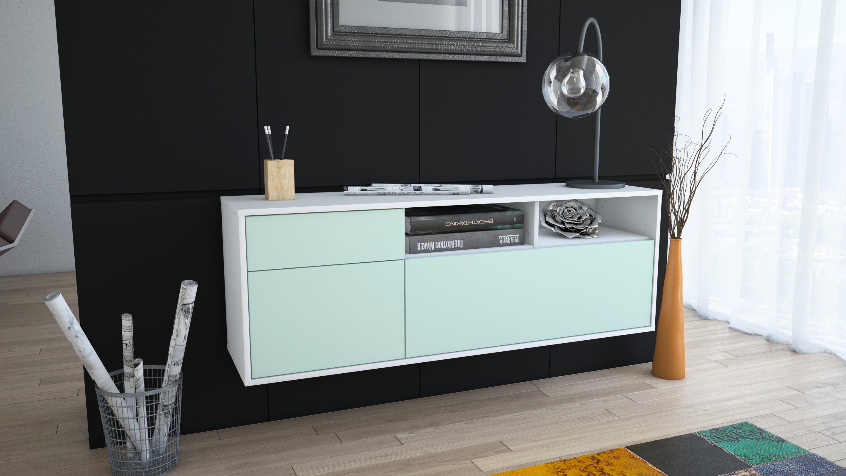Lowboard - Amisa - Design Farbakzent - Wandmontage mit Push to Open 136 cm Weiss
