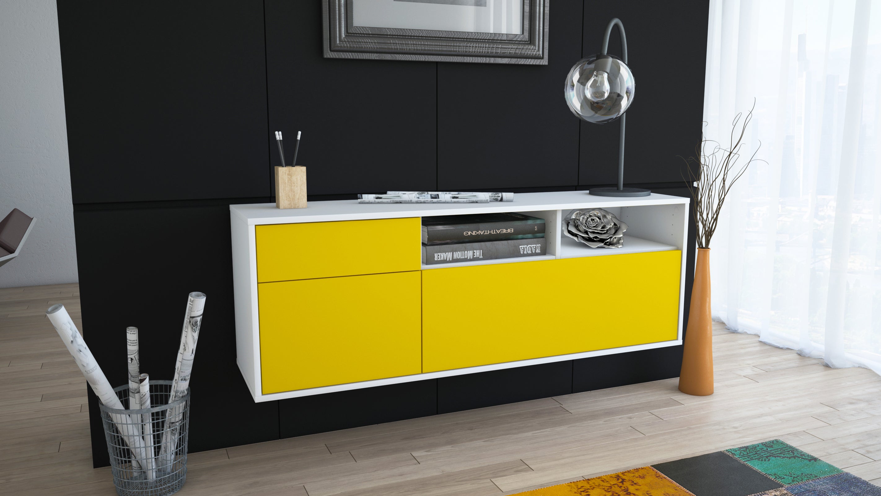 Lowboard - Amisa - Design Farbakzent - Wandmontage mit Push to Open 136 cm Weiss