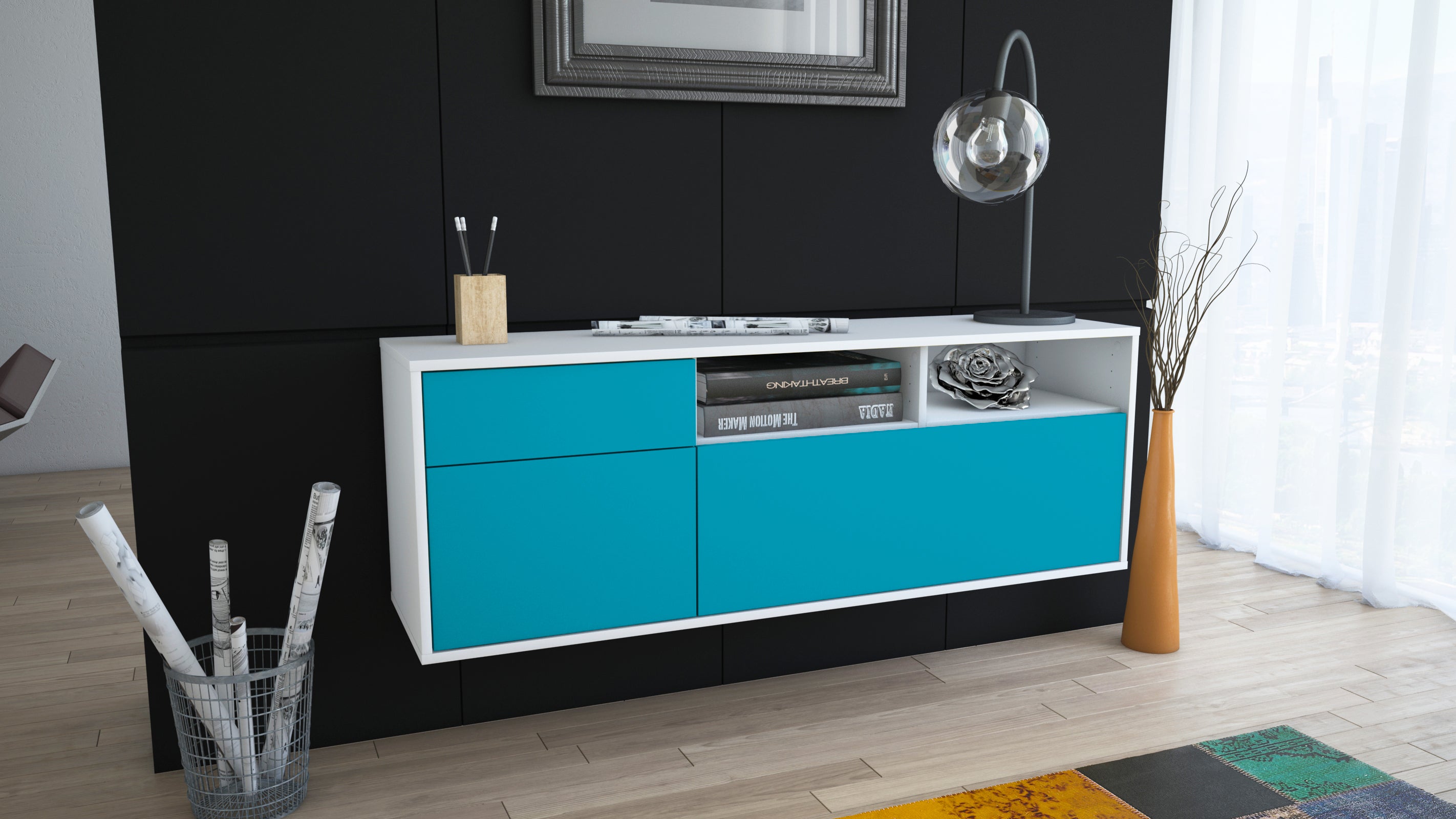 Lowboard - Amisa - Design Farbakzent - Wandmontage mit Push to Open 136 cm Weiss