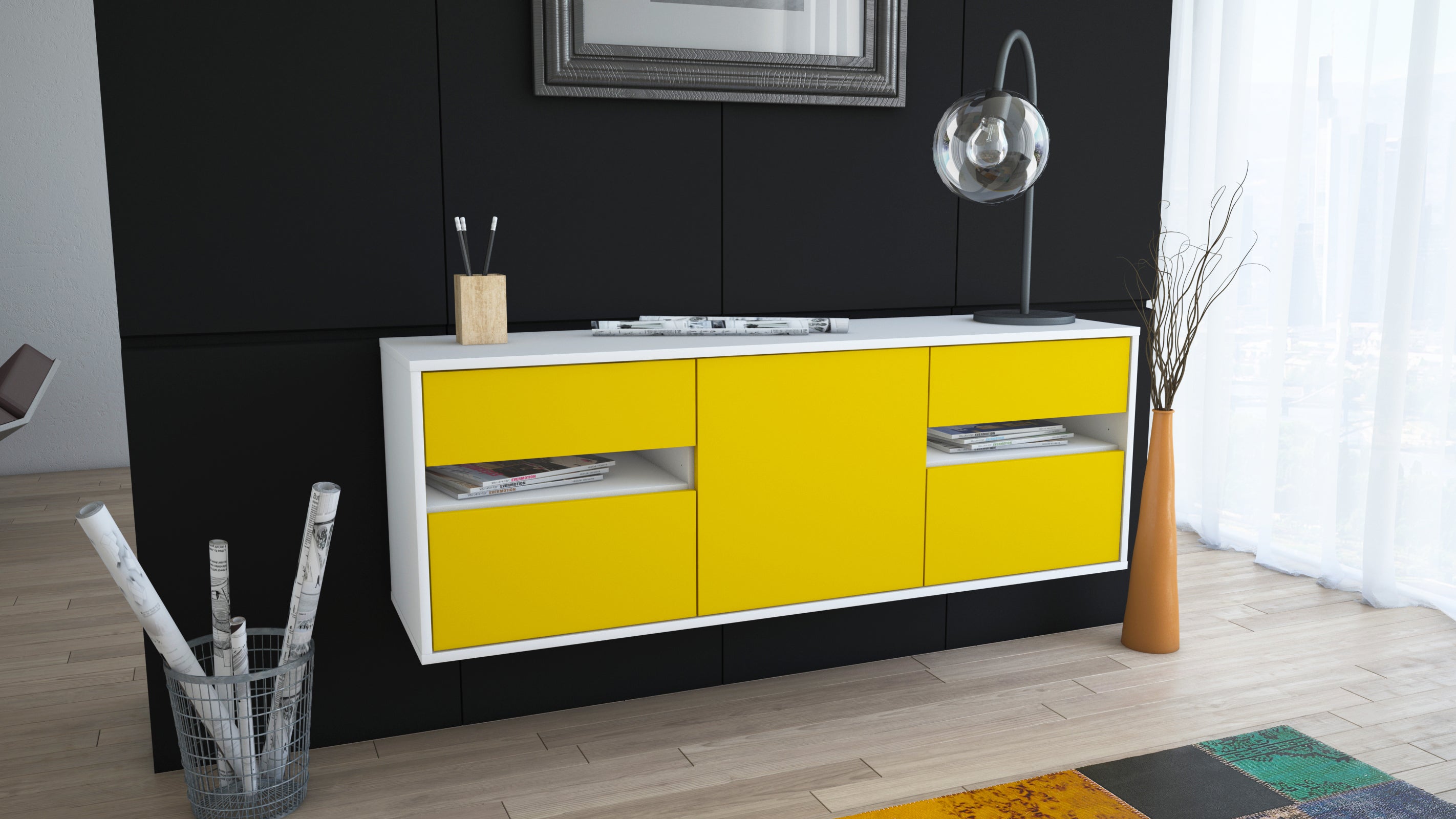 Lowboard - Andreana - Design Farbakzent - Wandmontage mit Push to Open 136 cm Weiss