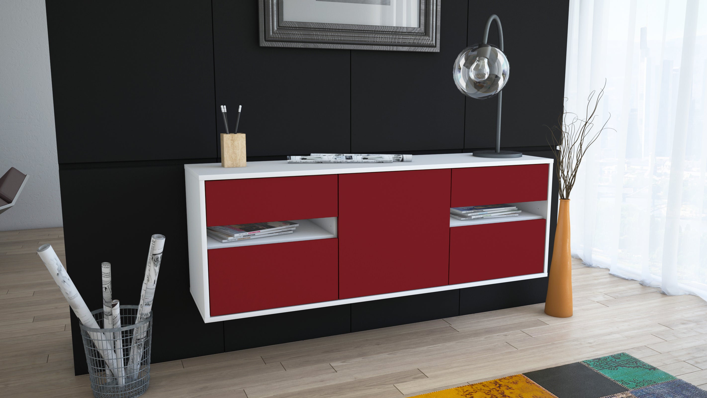 Lowboard - Andreana - Design Farbakzent - Wandmontage mit Push to Open 136 cm Weiss