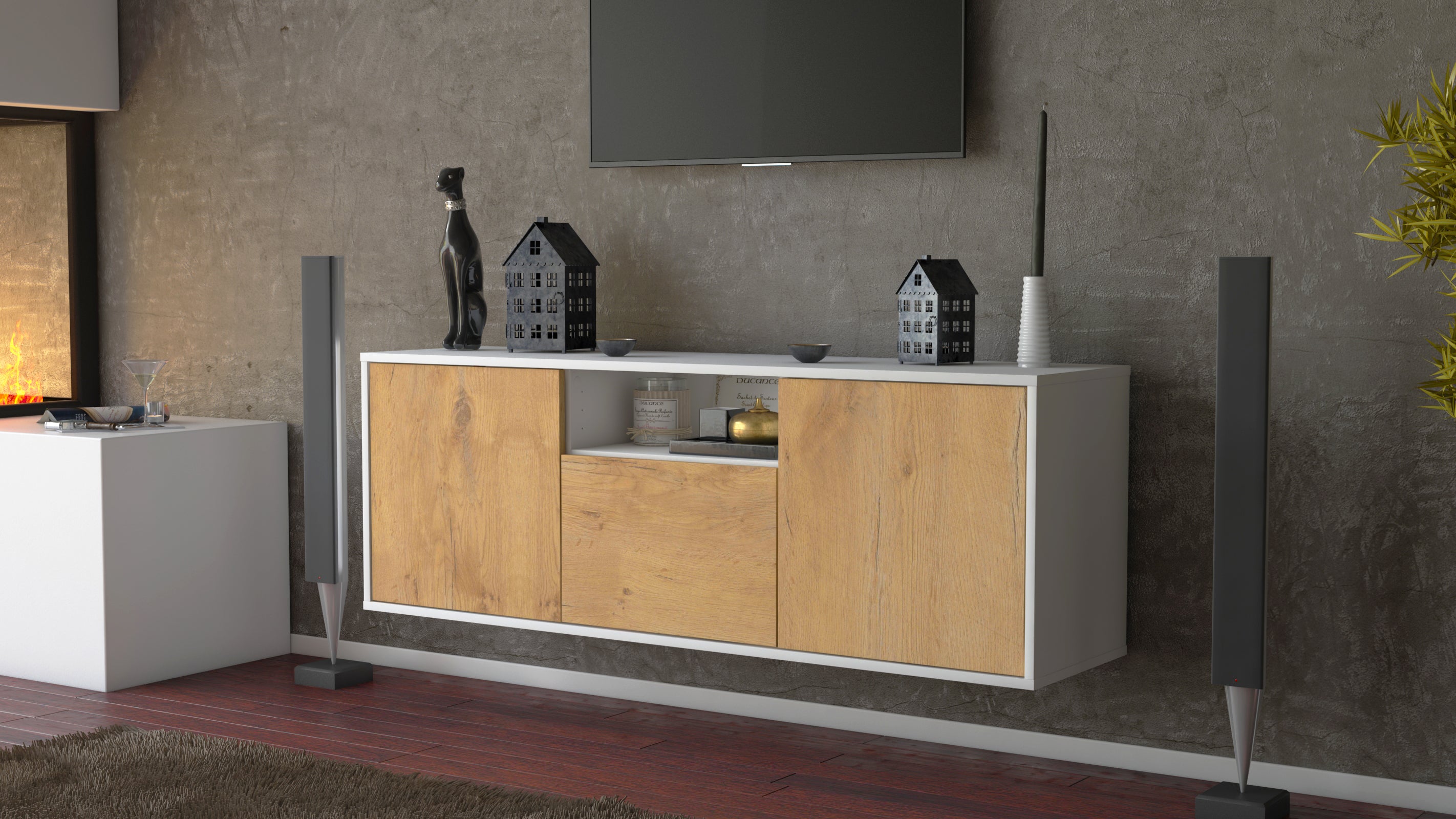 Lowboard - Andrina - Design Holzdekor - Wandmontage mit Push to Open 136 cm Weiss