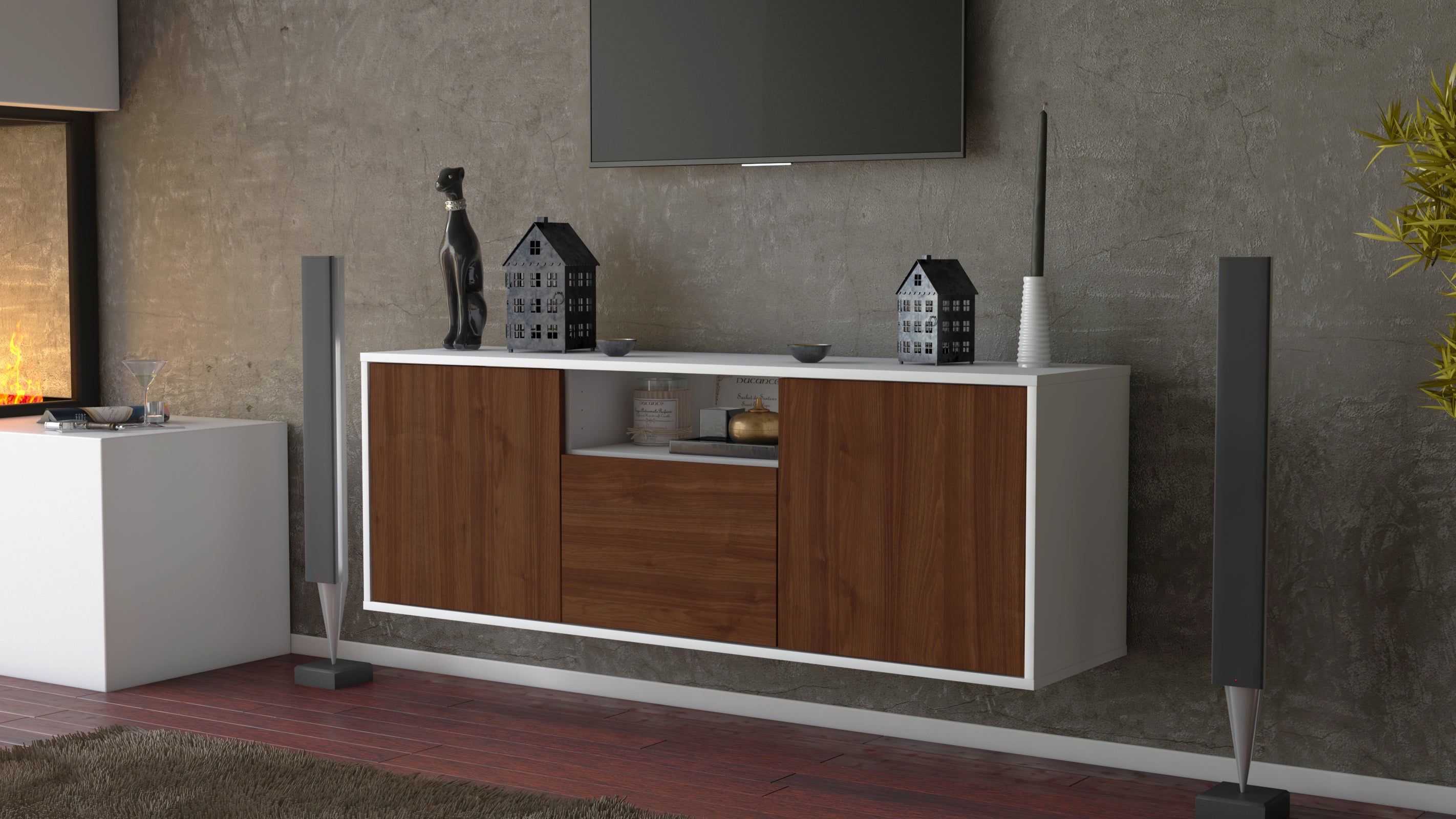 Lowboard - Andrina - Design Holzdekor - Wandmontage mit Push to Open 136 cm Weiss
