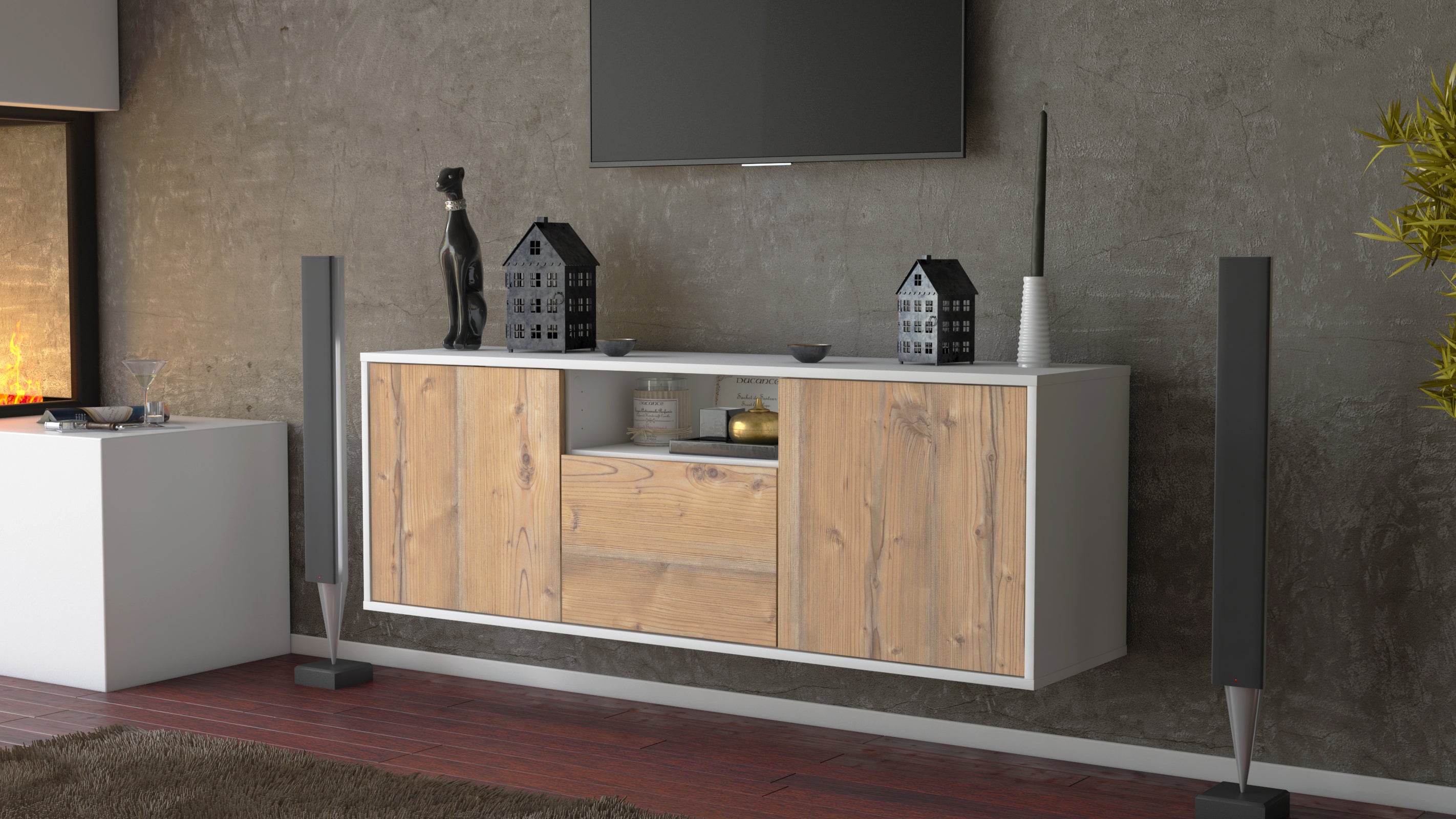 Lowboard - Andrina - Design Holzdekor - Wandmontage mit Push to Open 136 cm Weiss