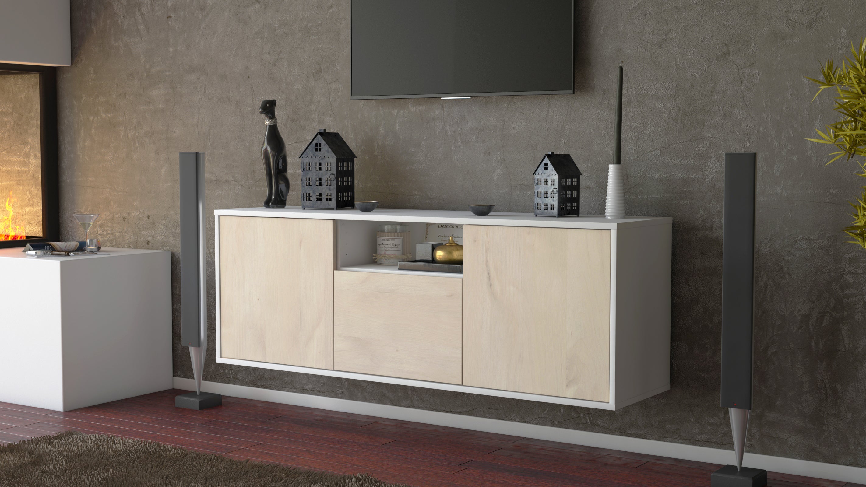 Lowboard - Andrina - Design Holzdekor - Wandmontage mit Push to Open 136 cm Weiss