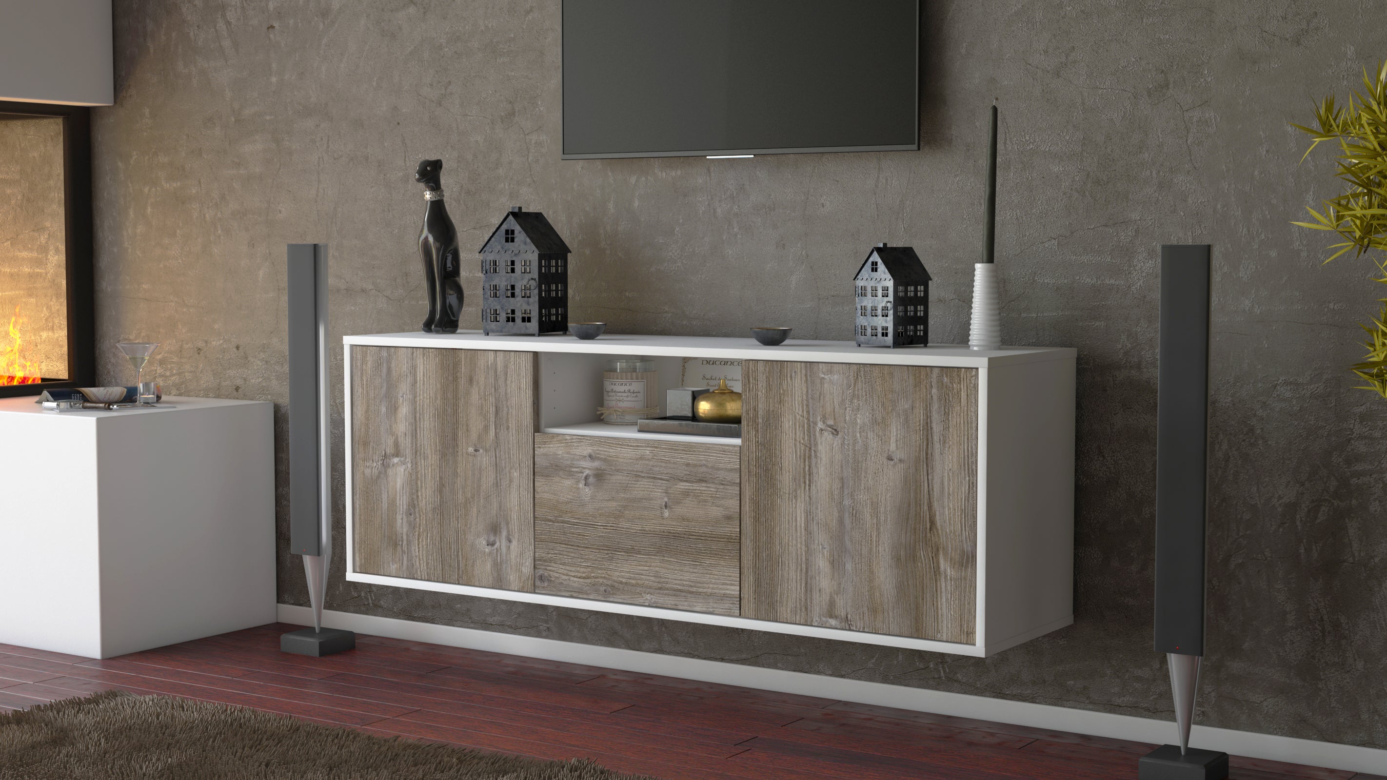 Lowboard - Andrina - Design Holzdekor - Wandmontage mit Push to Open 136 cm Weiss