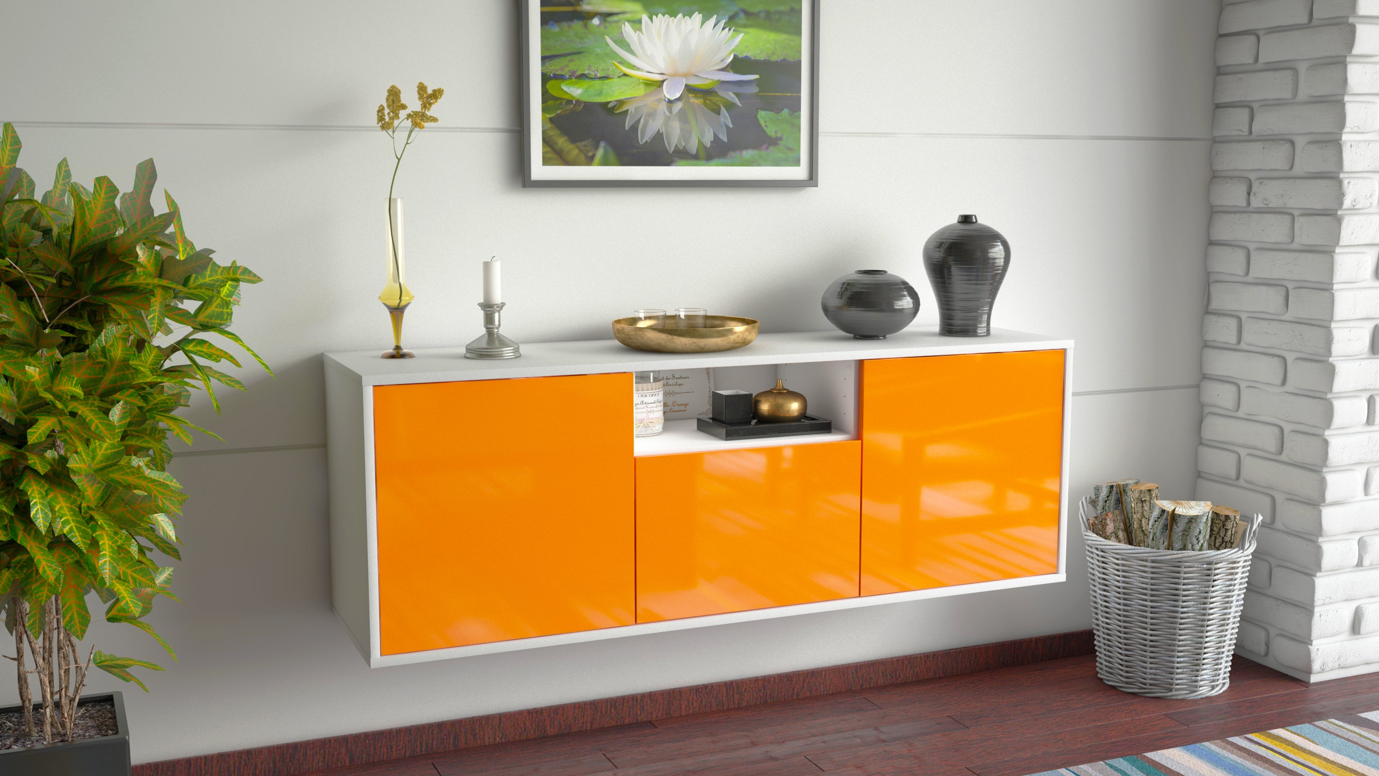 Lowboard - Andrina - Design Hochglanz - Wandmontage mit Push to Open 136 cm Weiss