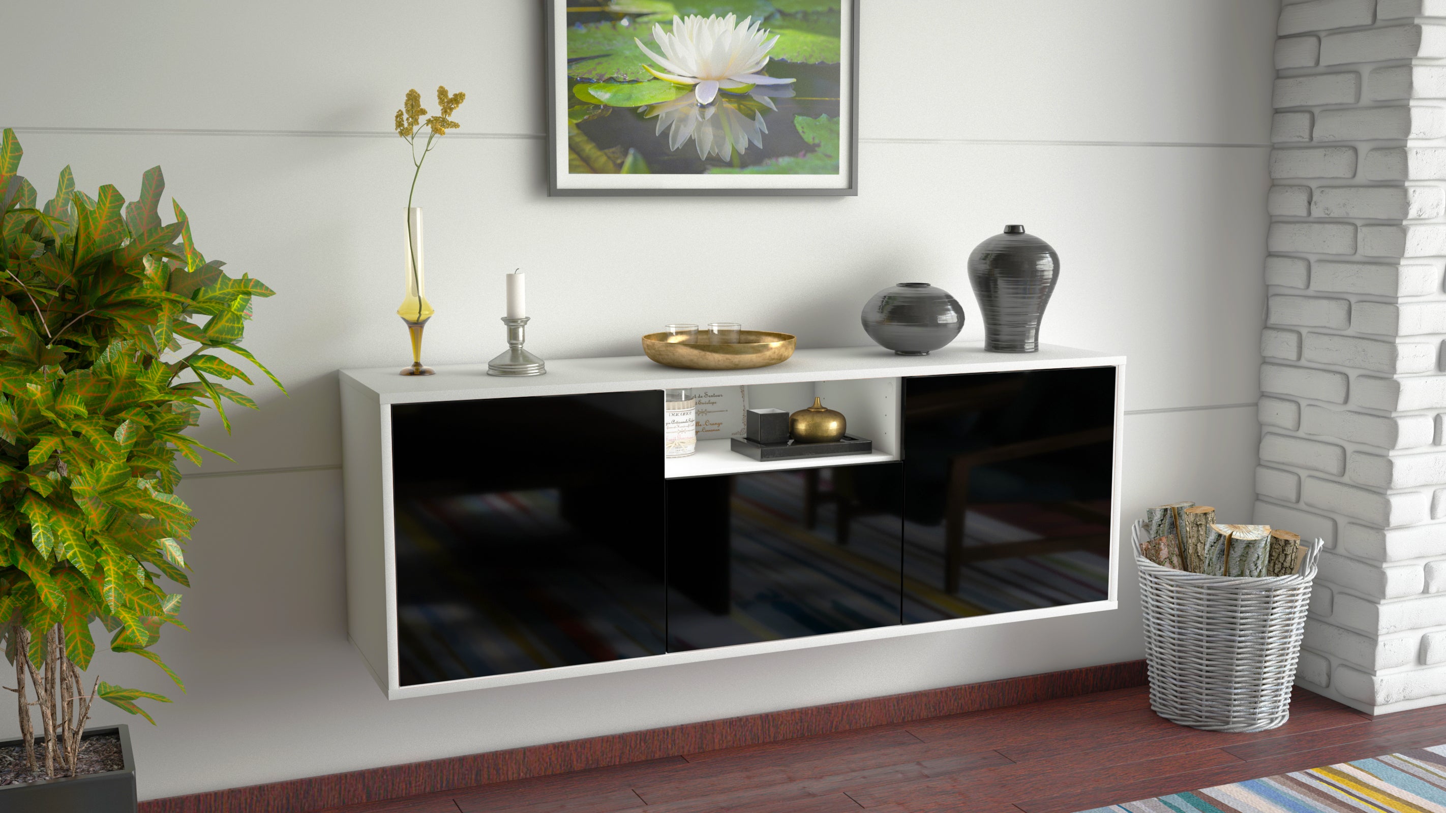 Lowboard - Andrina - Design Hochglanz - Wandmontage mit Push to Open 136 cm Weiss