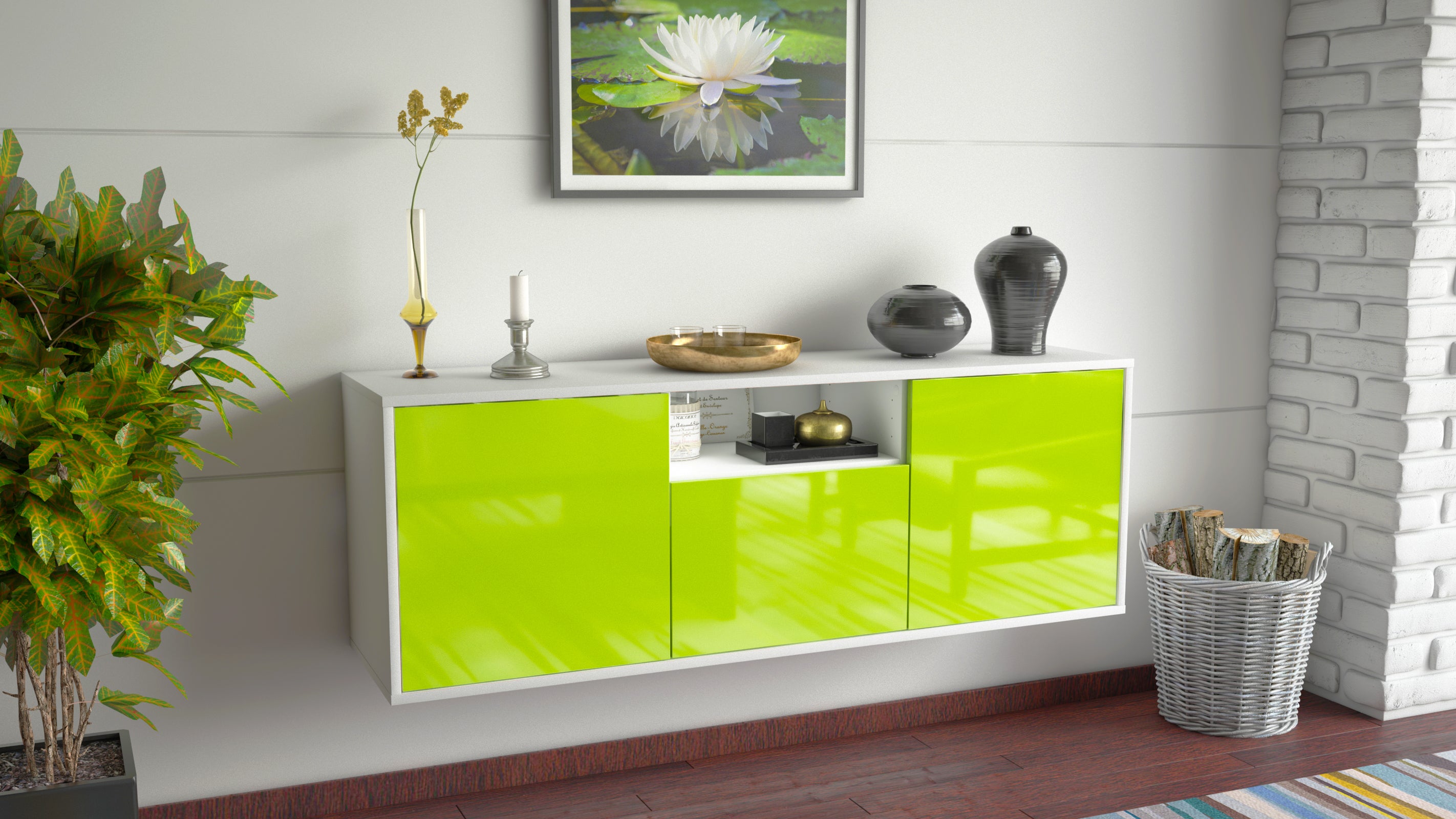 Lowboard - Andrina - Design Hochglanz - Wandmontage mit Push to Open 136 cm Weiss