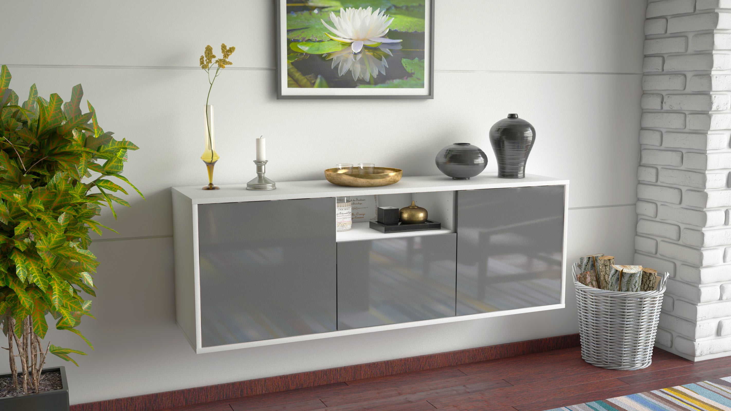 Lowboard - Andrina - Design Hochglanz - Wandmontage mit Push to Open 136 cm Weiss